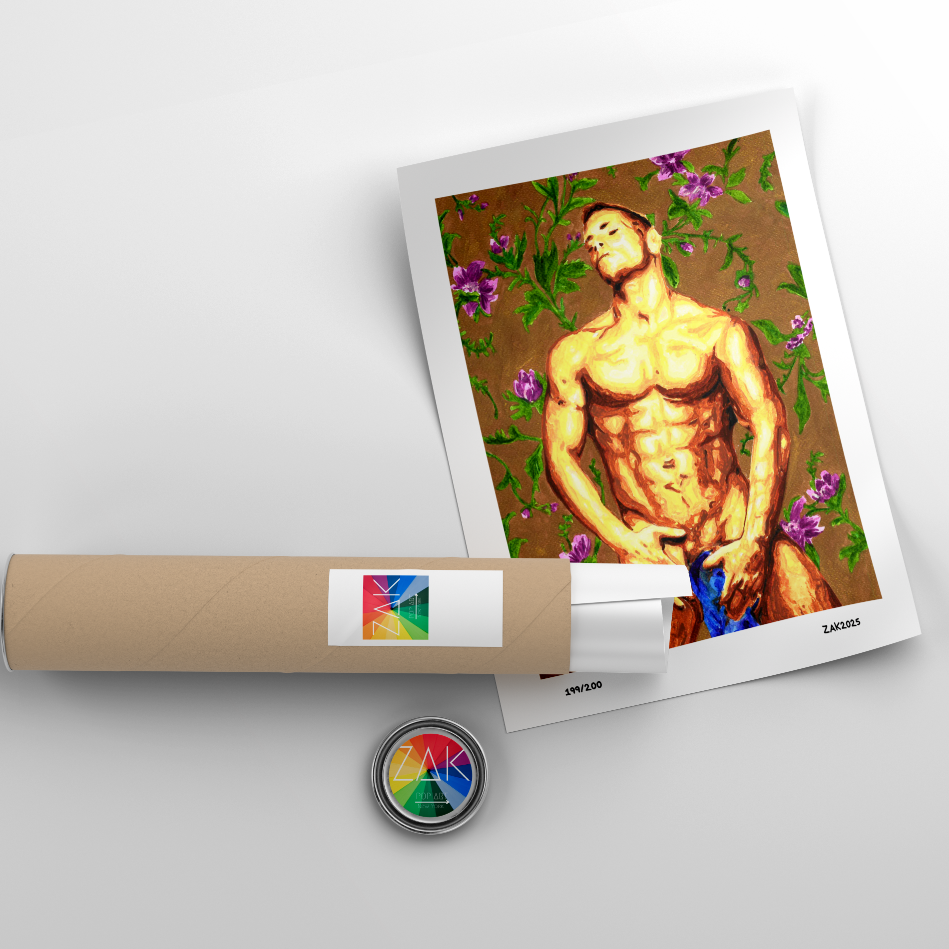 Artistic depiction of a shirtless man with flowers on a white background