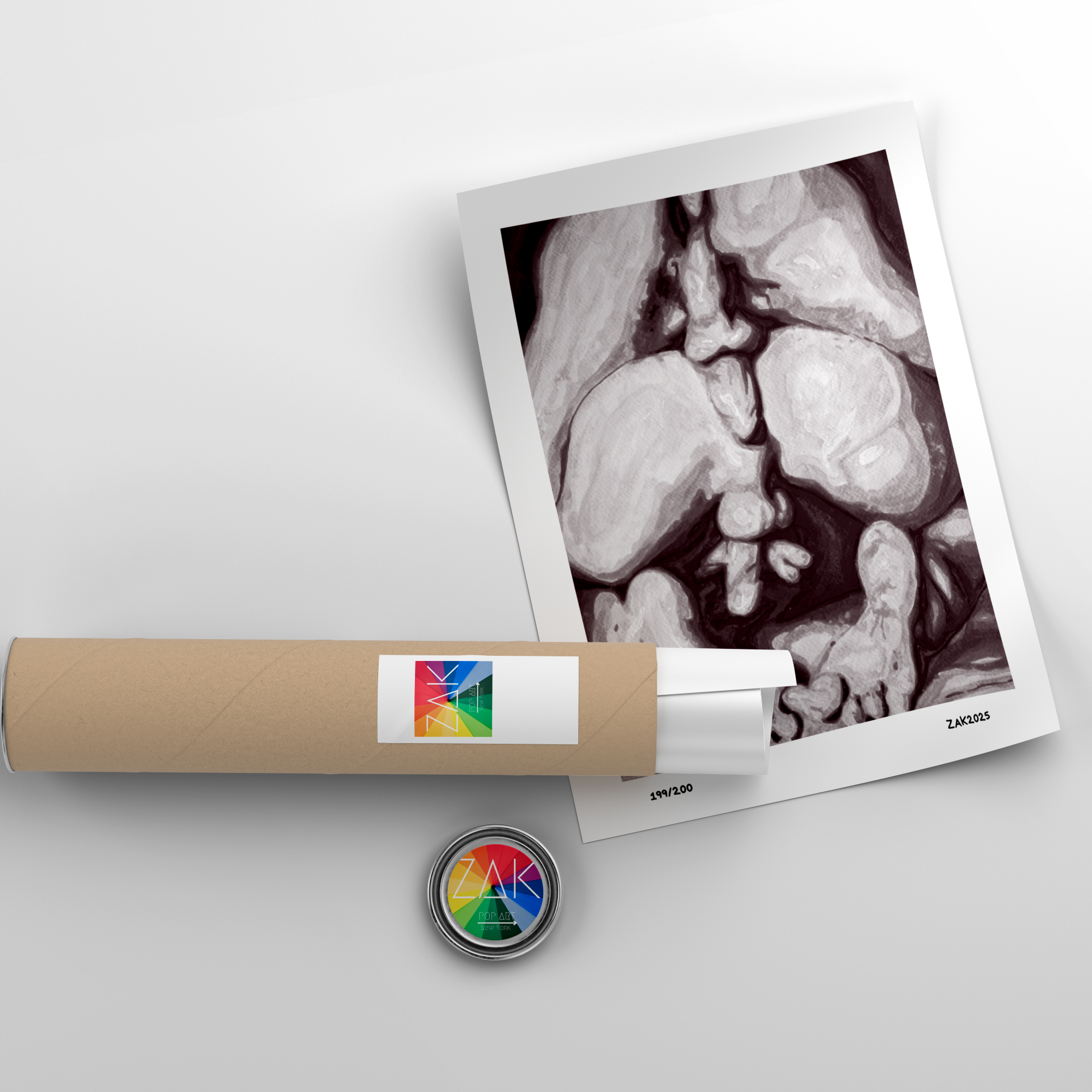 Polaroid-style photo of a babyogram with a roll of paper and a button on a light gray background