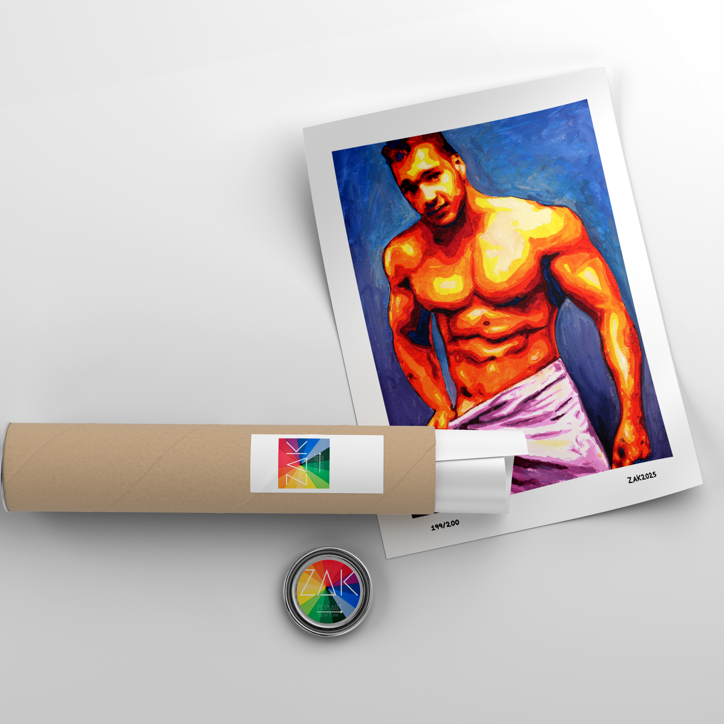 Art print of a muscular man on a white background with a roll of paper and a logo.