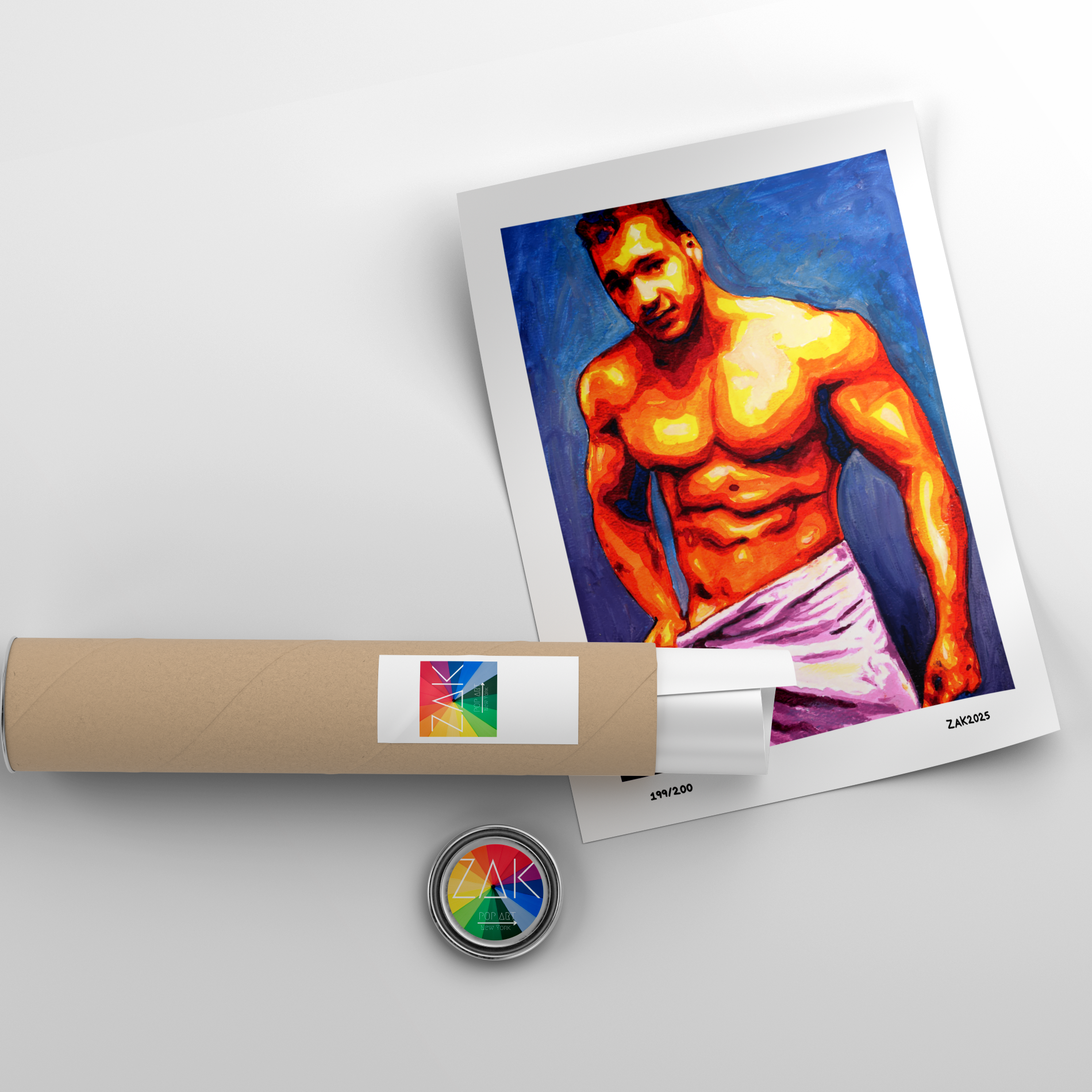Art print of a muscular man on a white background with a roll of paper and a logo.