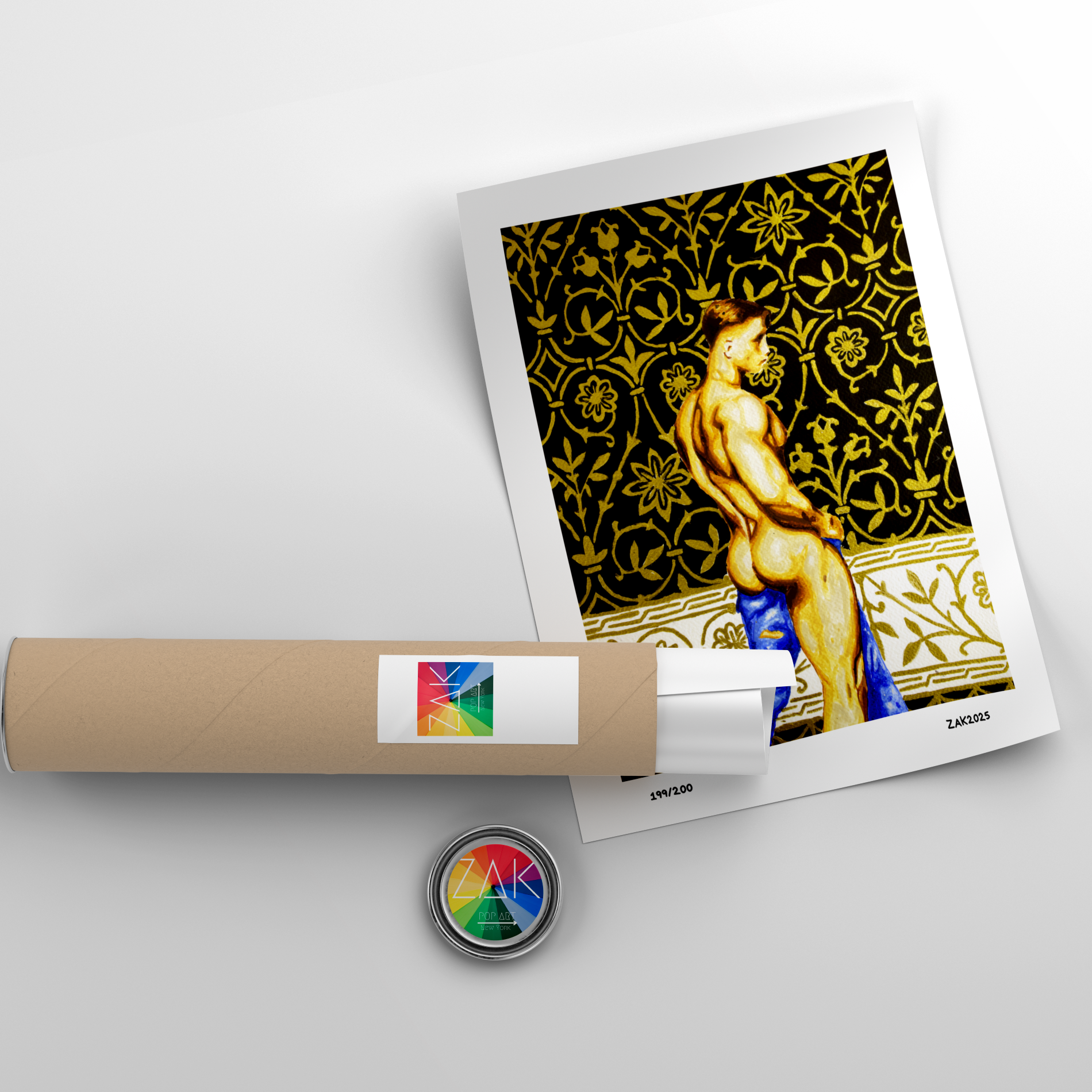 Rolled-up poster with a colorful design of a nude figure on a white background