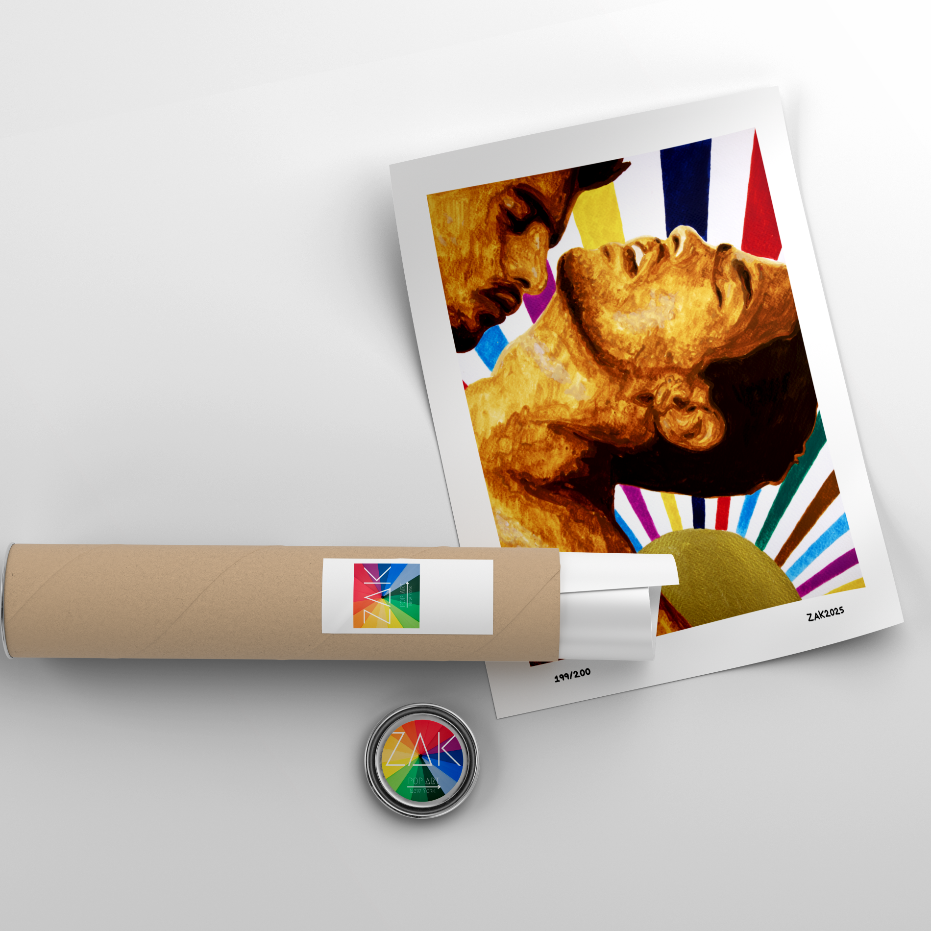Artistic depiction of a person and dog with colorful abstract elements on a white background
