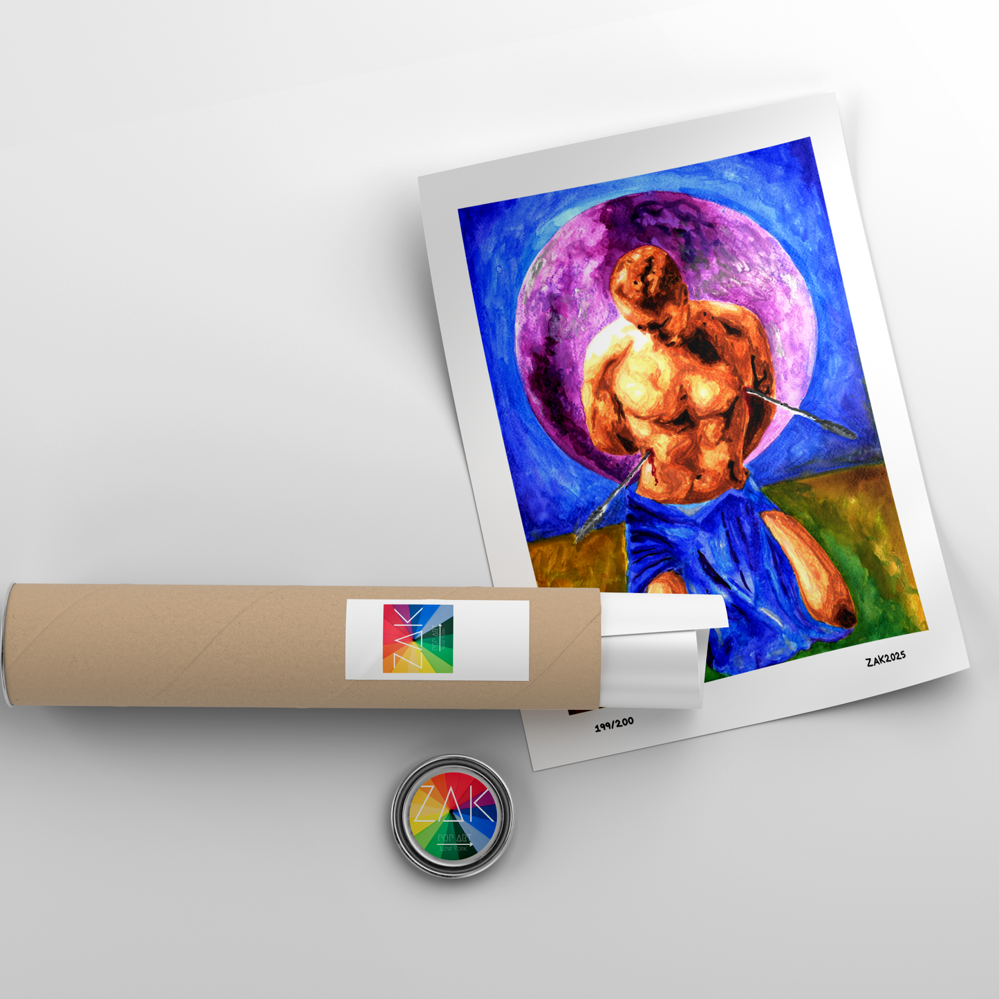 Artistic depiction of a muscular figure with a colorful background on a white surface.