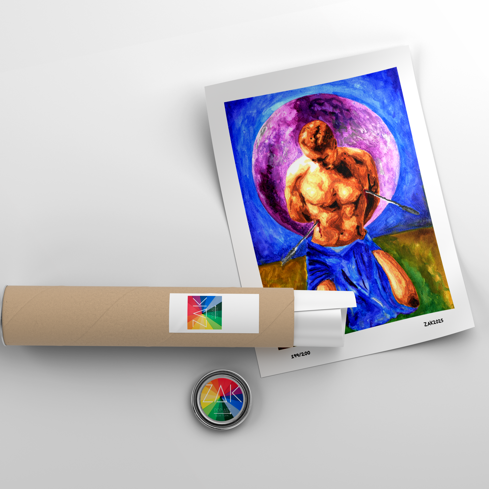 Artistic depiction of a muscular figure with a colorful background on a white surface.