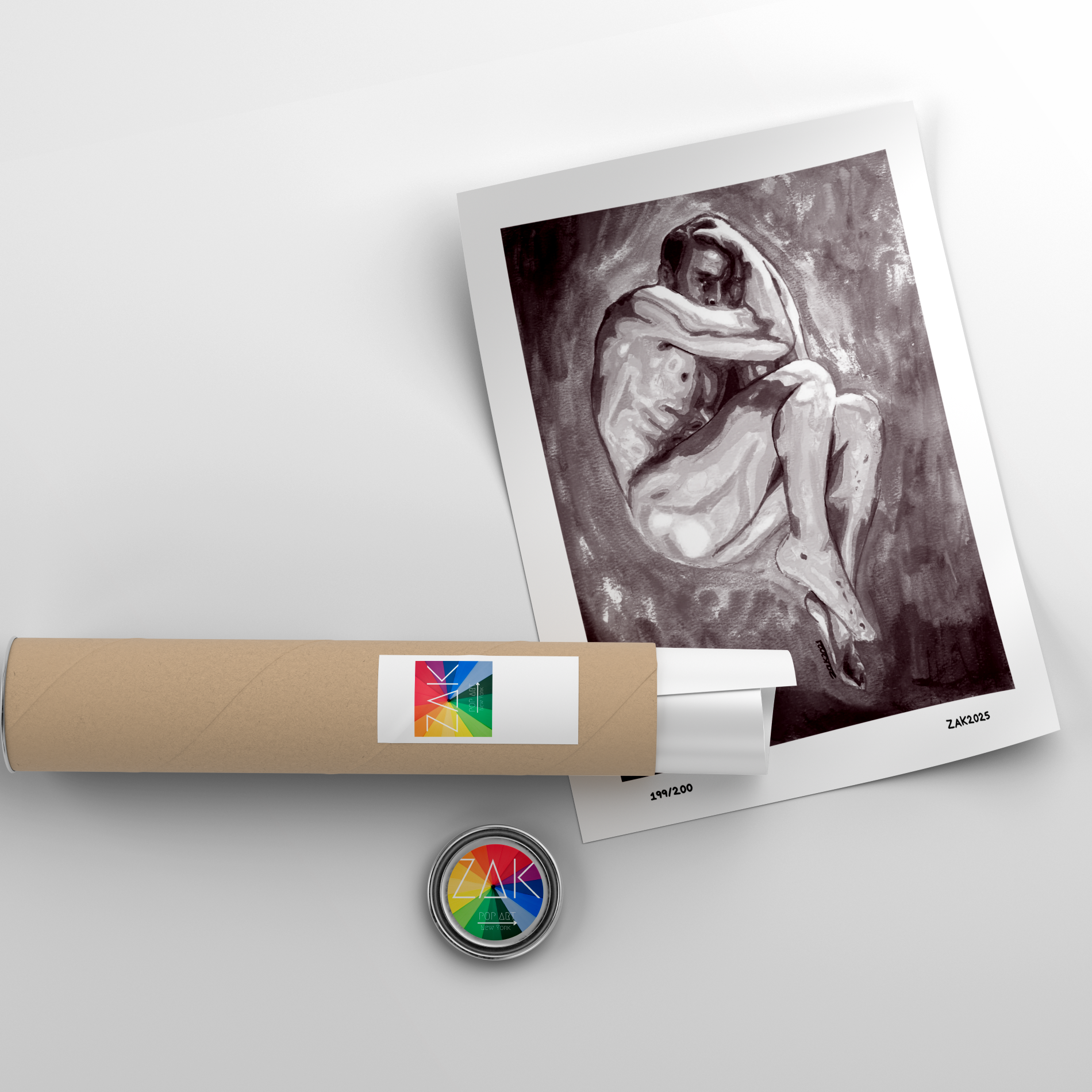 Artistic depiction of a figure on a white background with a cylindrical object and colorful label.