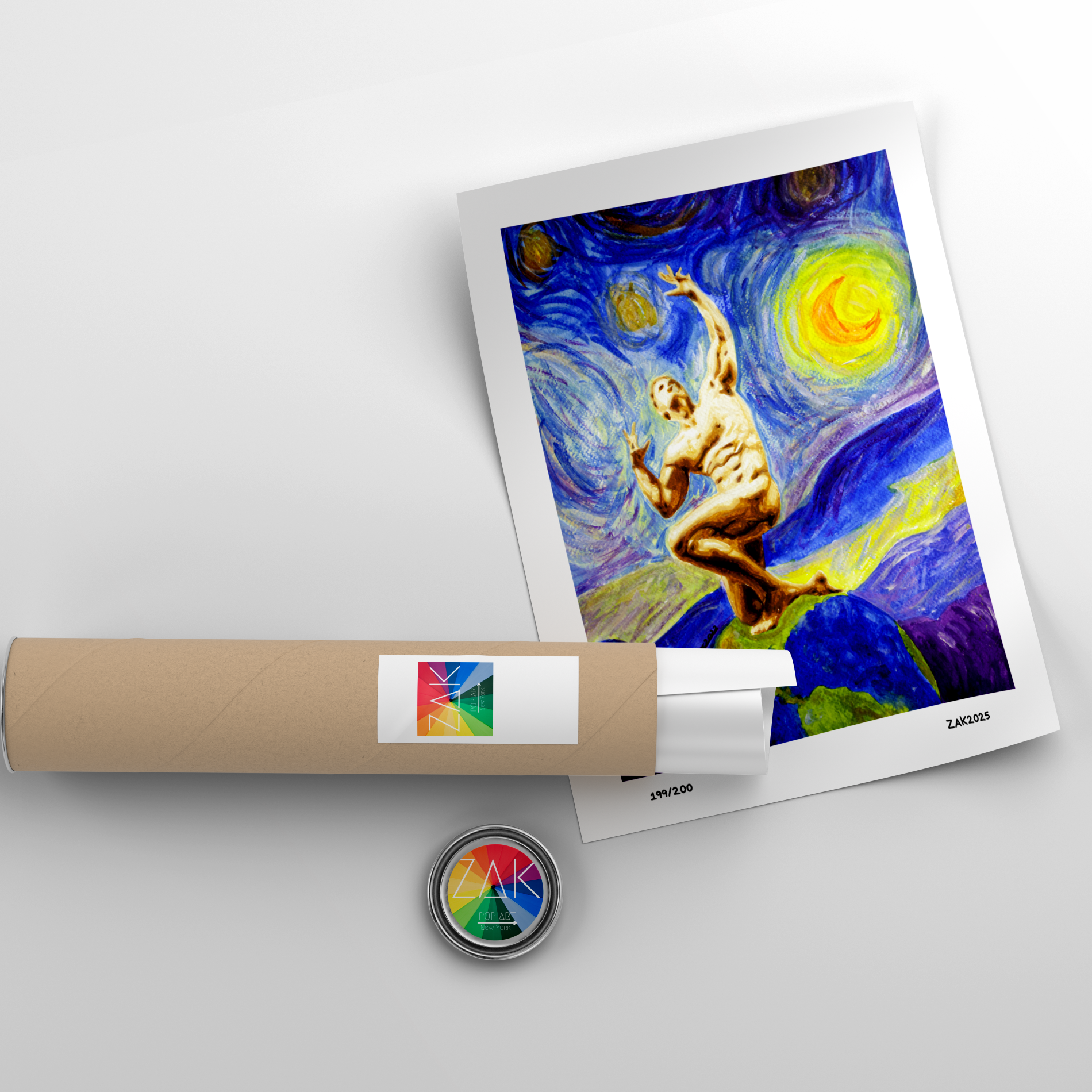 Artistic depiction of a figure in a dynamic pose with a colorful background, displayed on a white surface.