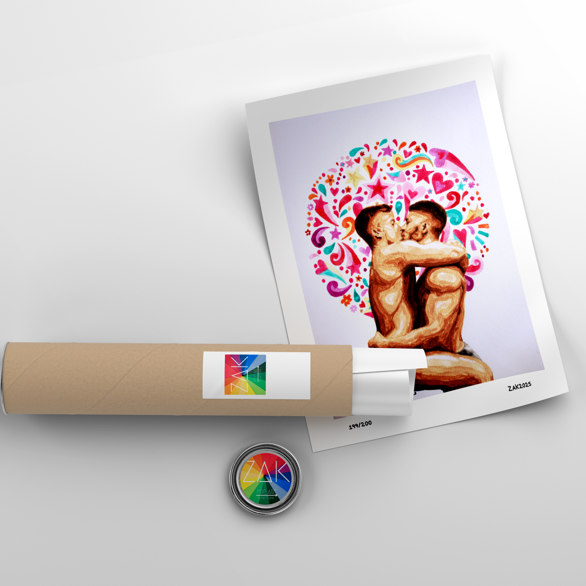 Artistic depiction of two people embracing with a colorful heart design, placed on a white surface with a cylindrical object and circular emblem.