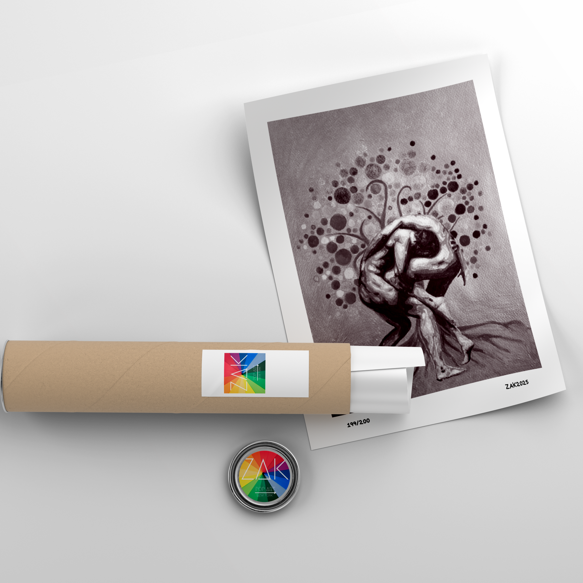 Art print of a woman with flowers, rolled-up poster, and colorful logo on a light gray background