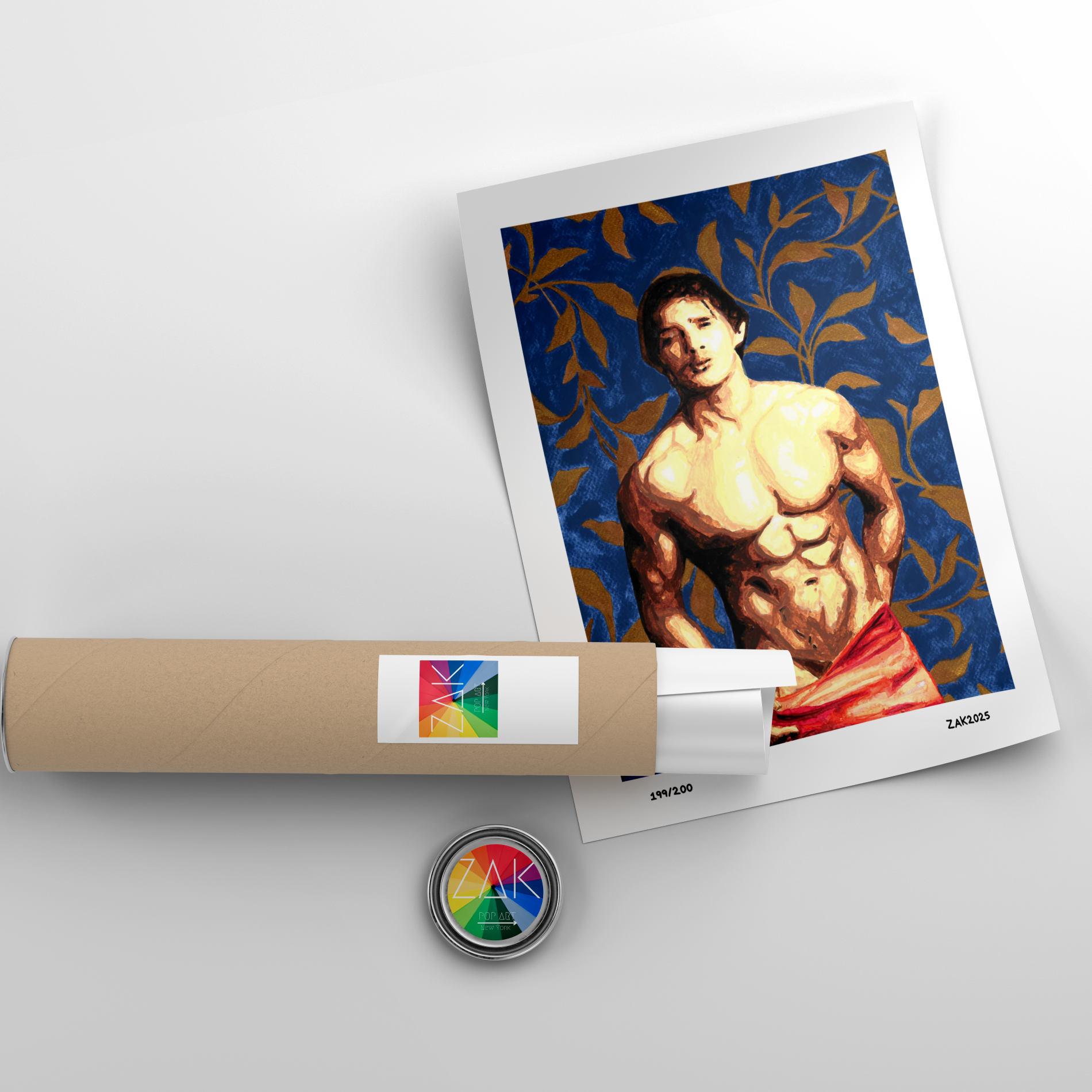 Art print of a shirtless man with a blue floral background, rolled up and displayed on a white surface.