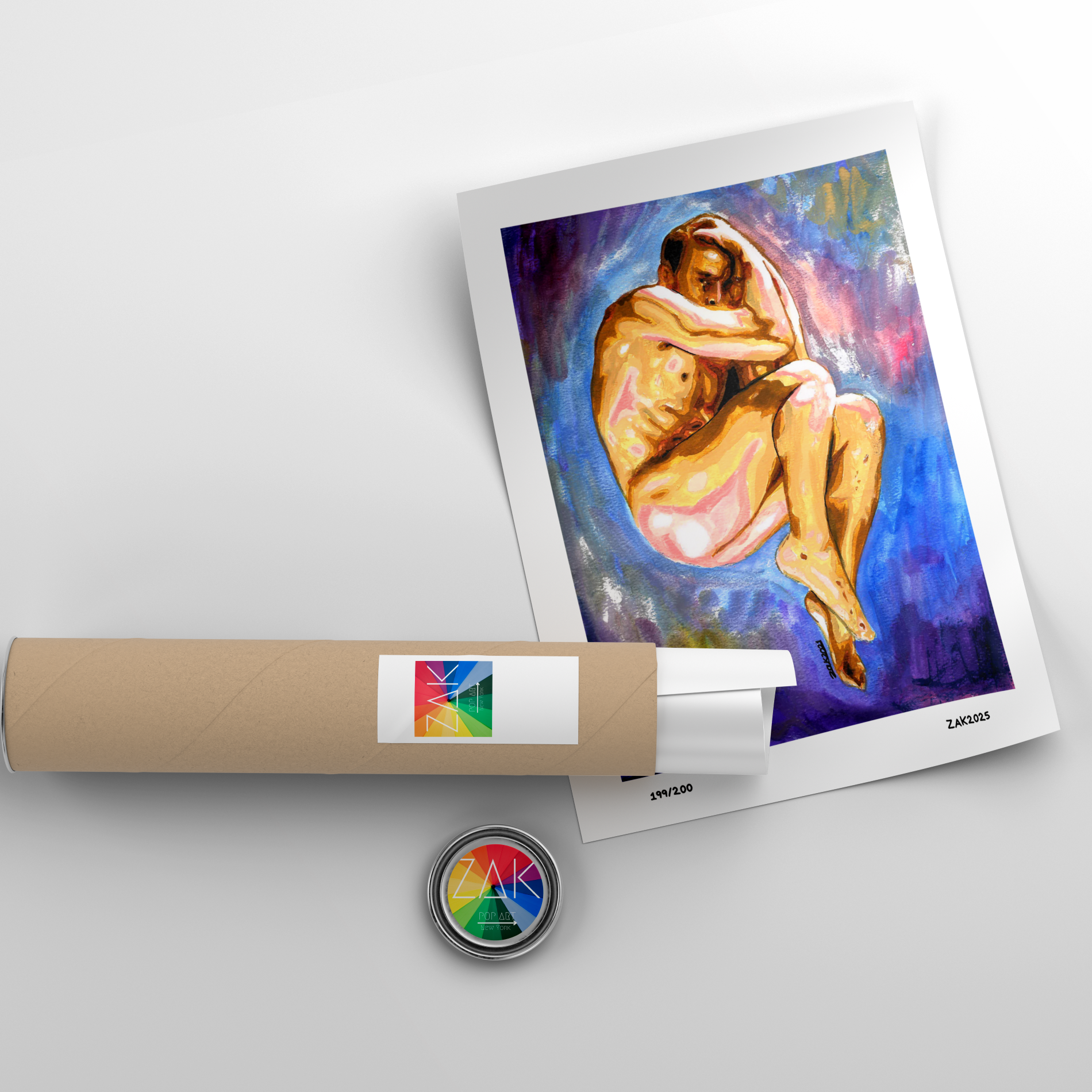 Artistic depiction of a nude figure on a colorful background with a roll of paper and a button in the foreground.