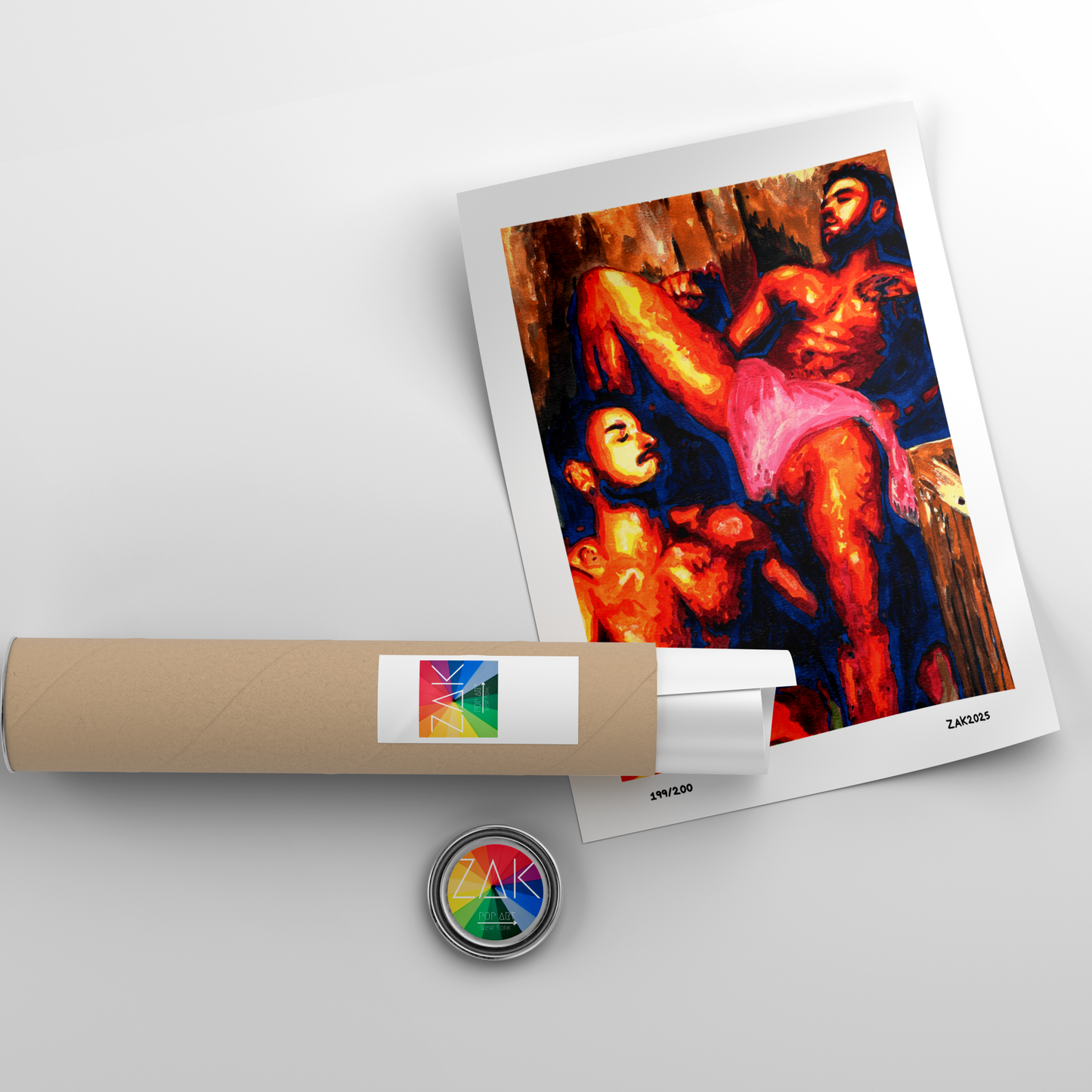 Rolled-up artwork with a colorful print of a nude figure on a white background