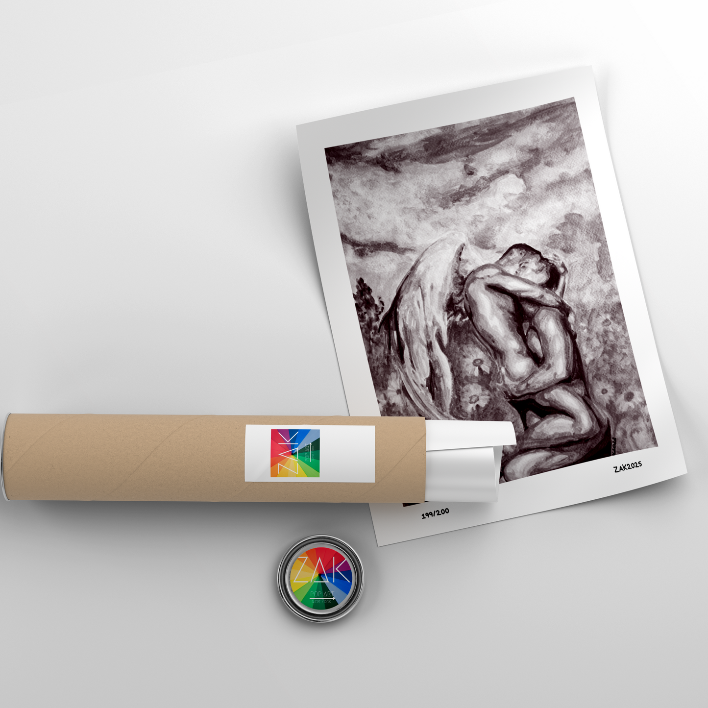 Artistic print of a classical sculpture on a white background with a cylindrical product and logo.