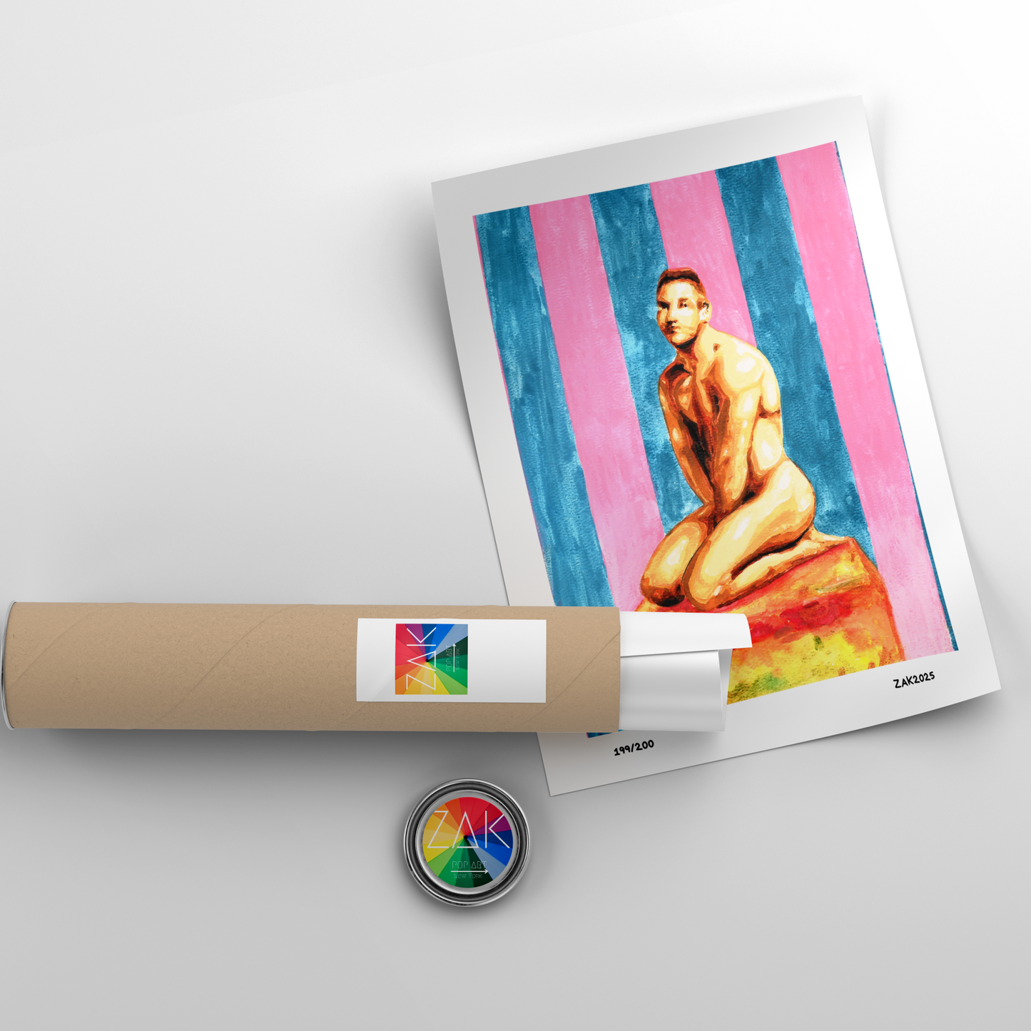 Artistic depiction of a nude figure on a striped background with a roll of paper and a button in the foreground.