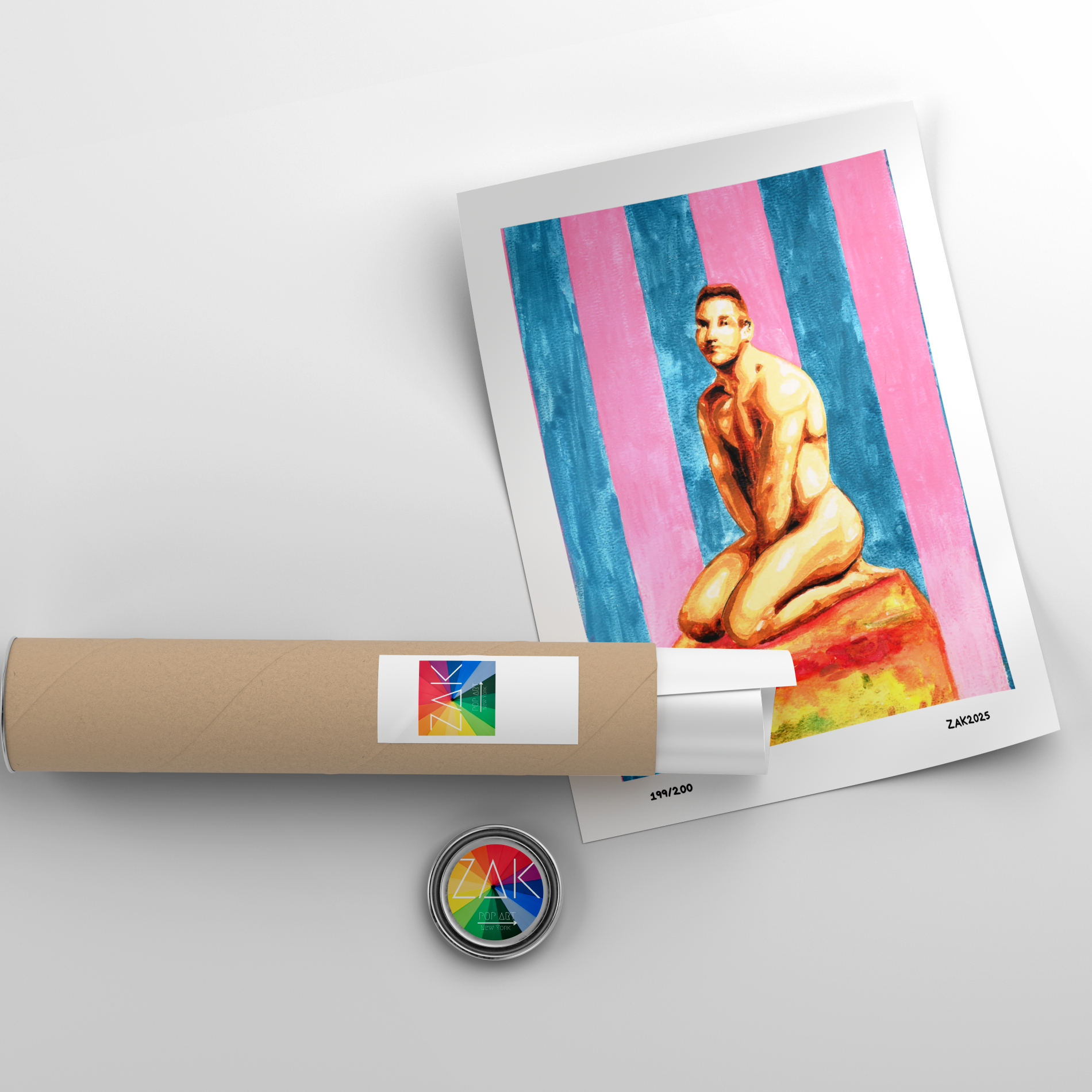 Artistic depiction of a nude figure on a striped background with a roll of paper and a button in the foreground.