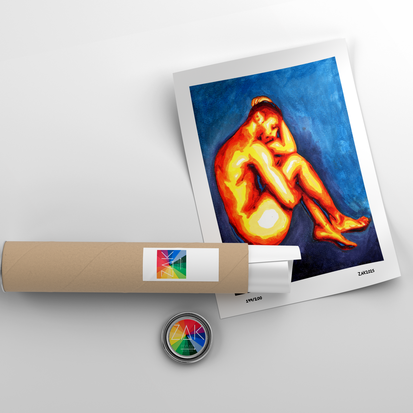 Artistic depiction of a nude figure on a white background with a roll of paper and a button.