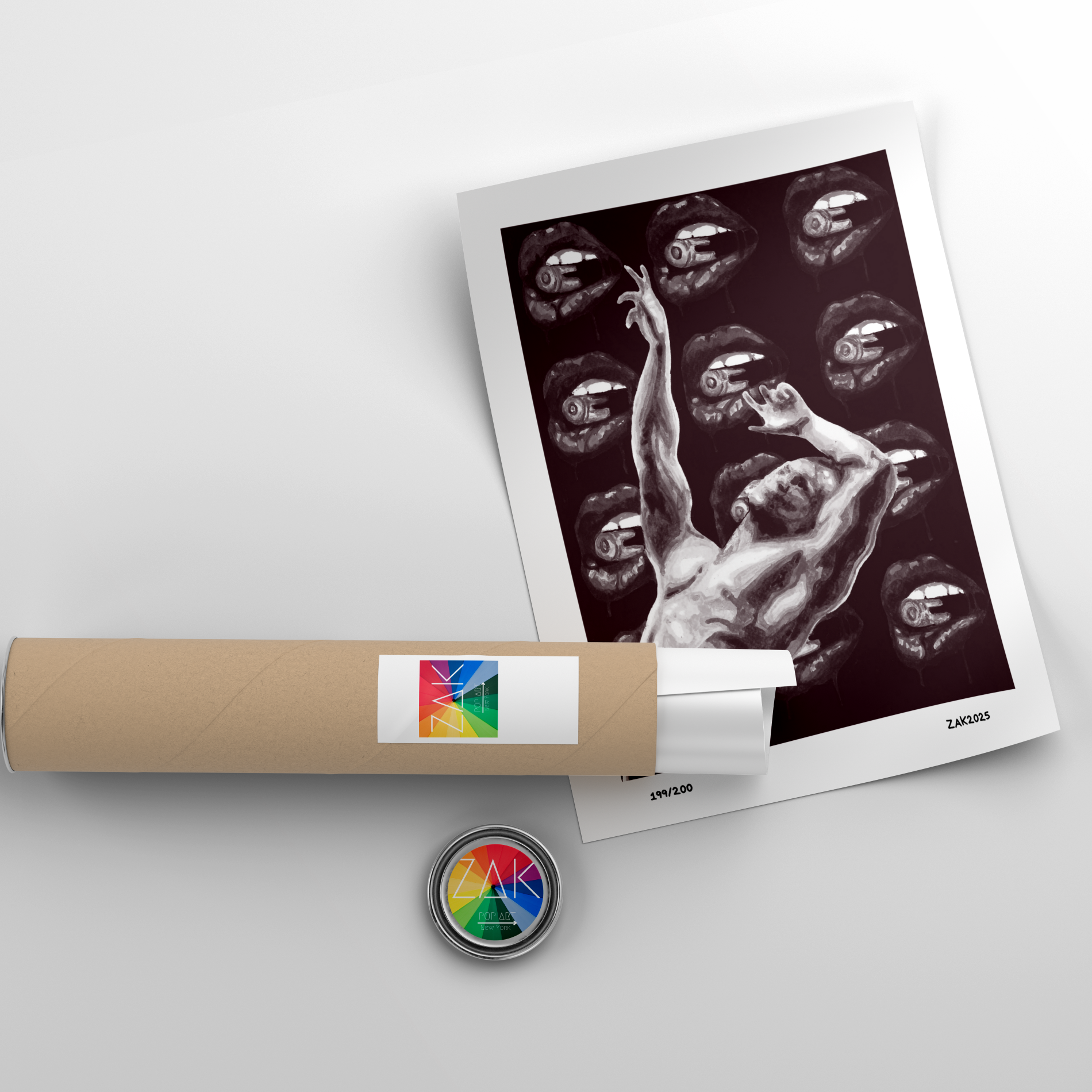 Artistic depiction of a figure with a roll of paper and a button on a light gray background