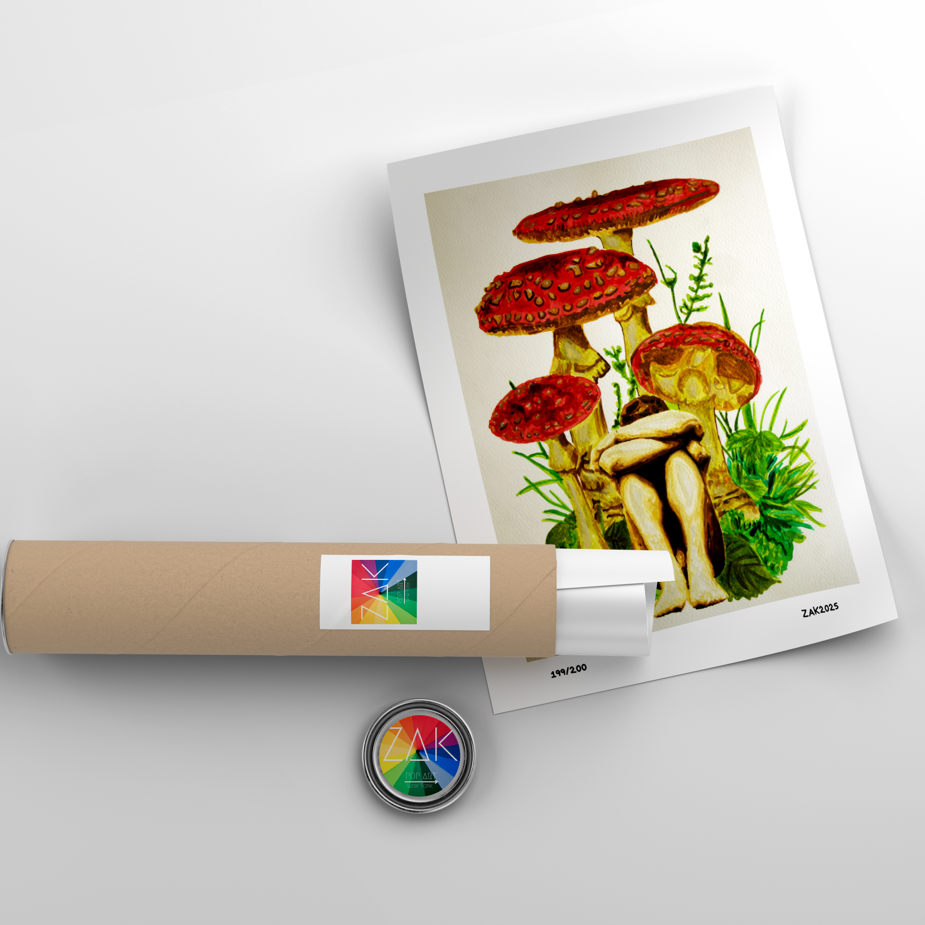 Art print of mushrooms with a cylindrical product and circular object on a light gray background