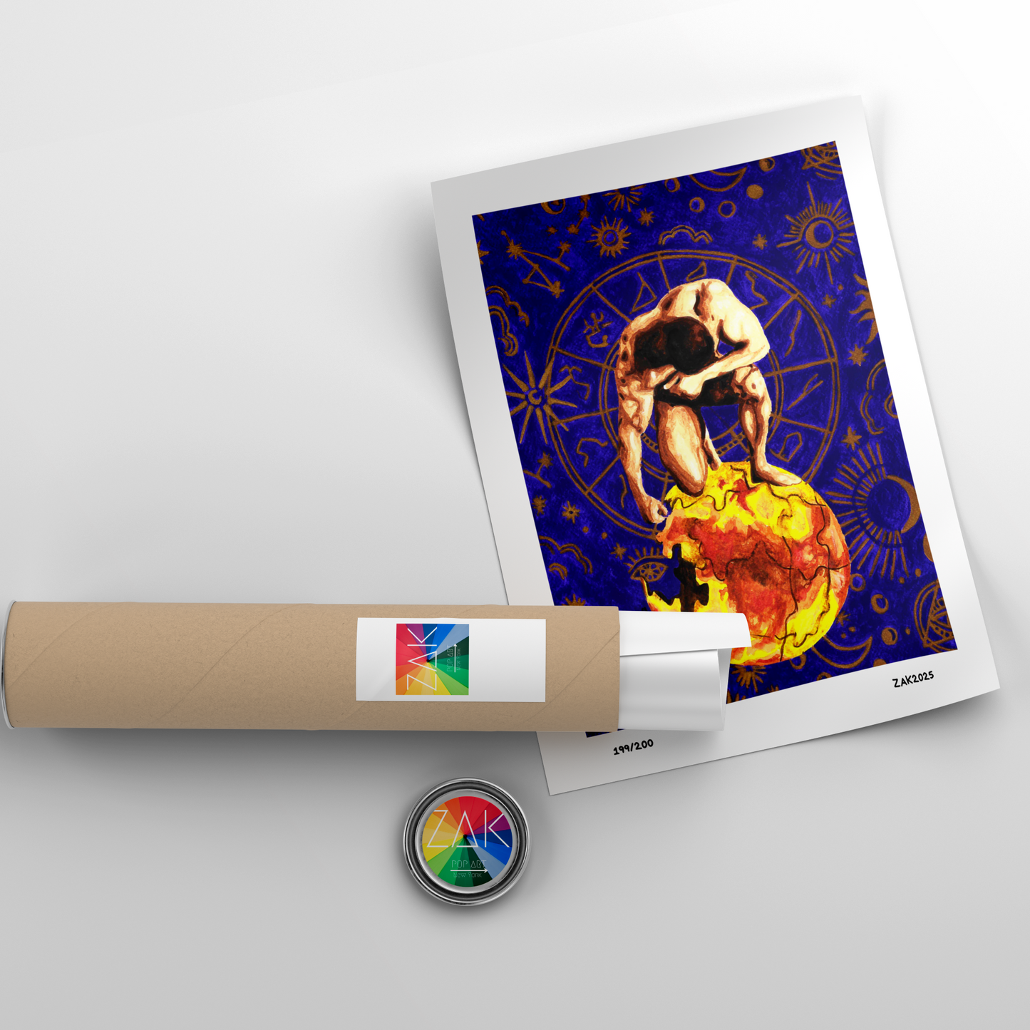 Artistic depiction of a figure on a planet with a roll of paper and a button featuring a colorful logo on a light gray background.