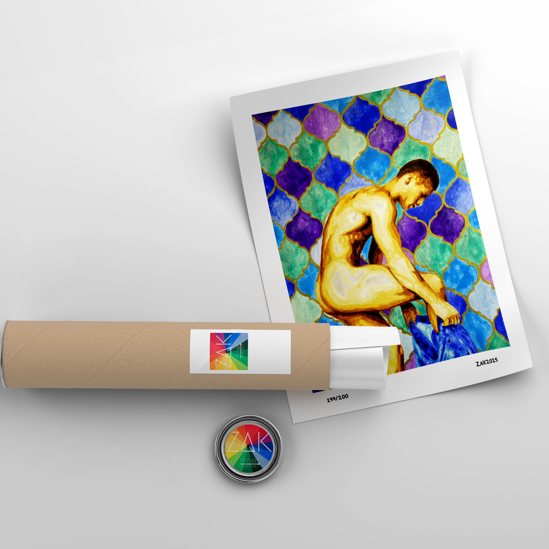 Artistic print of a nude figure on a textured background with a roll of paper and a stamp in the foreground.
