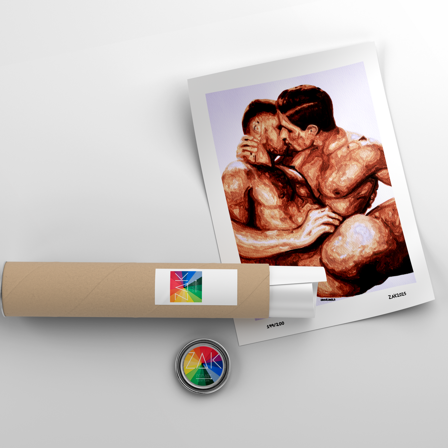 Artistic depiction of a muscular figure on a poster with a roll of paper and a button in the foreground.