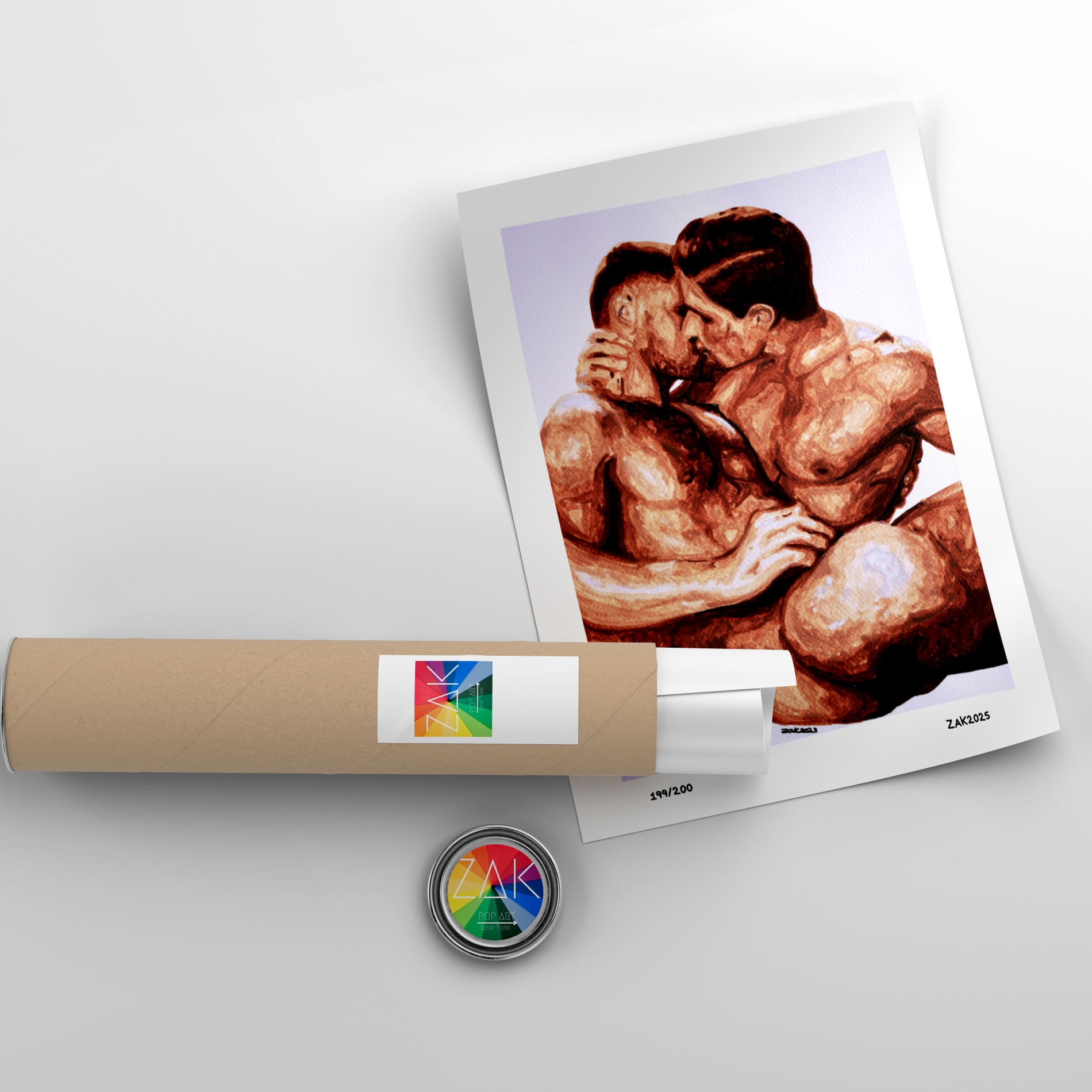 Artistic depiction of a muscular figure on a poster with a roll of paper and a button in the foreground.