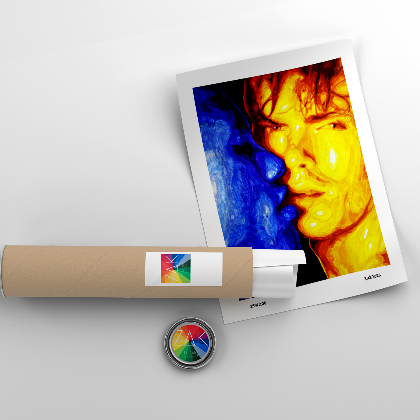 Artistic depiction of a face with a colorful gradient on a white background, accompanied by a roll of paper and a small round object.