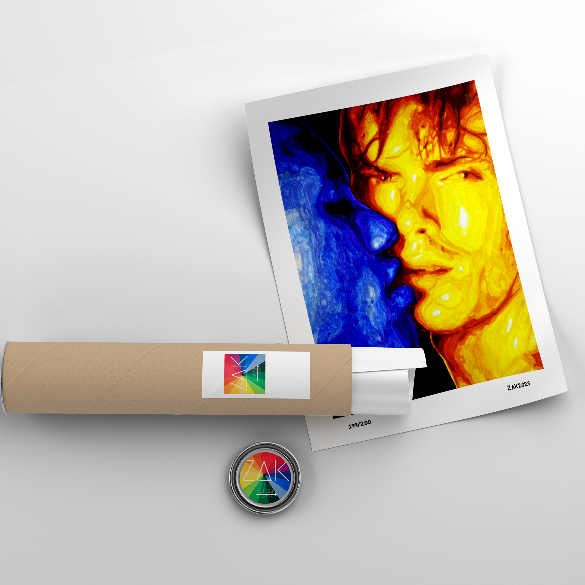 Artistic depiction of a face with a colorful gradient on a white background, accompanied by a roll of paper and a small round object.