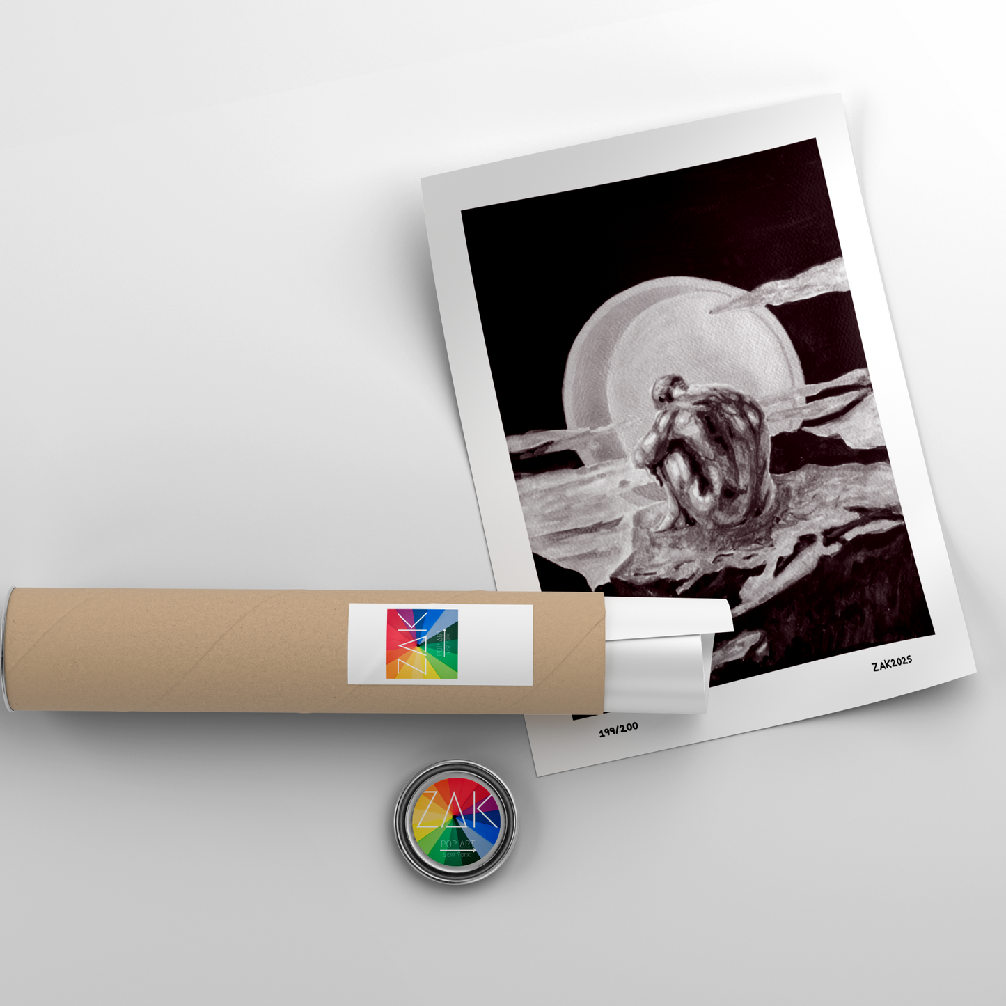 Polaroid photo of a dog with a roll of film and a button on a light gray background