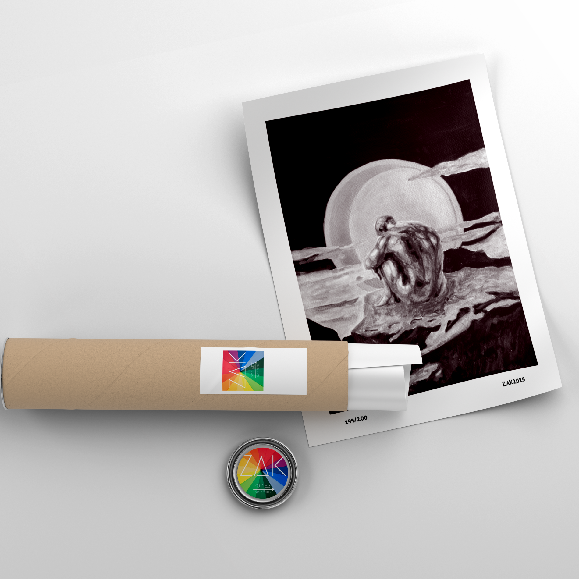 Polaroid photo of a dog with a roll of film and a button on a light gray background