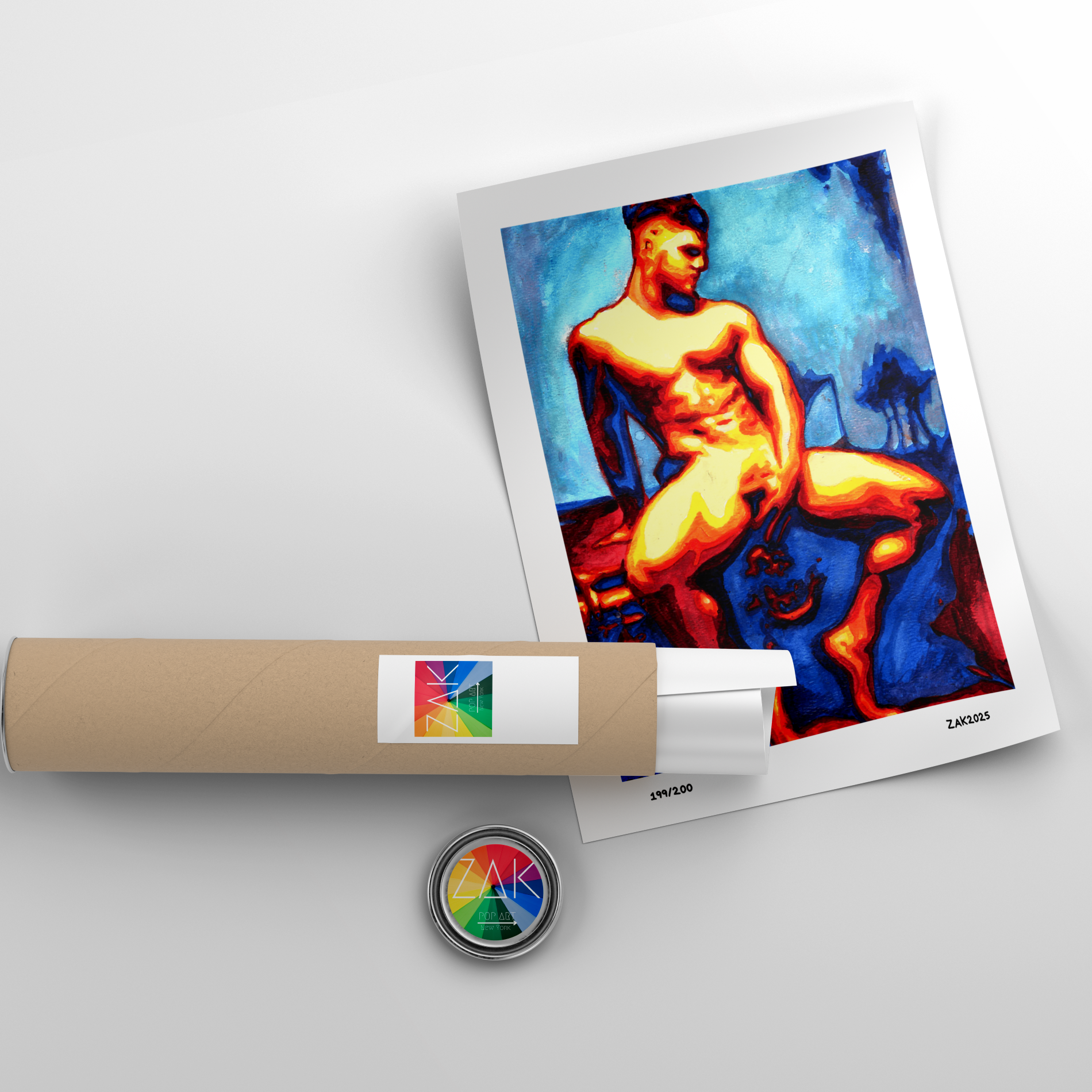 Artistic depiction of a nude figure on a white background with a roll of paper and a small round object.