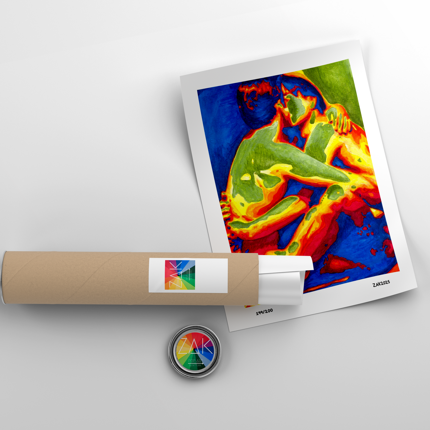 Thermal imaging print with roll of paper and small round object on a light gray background