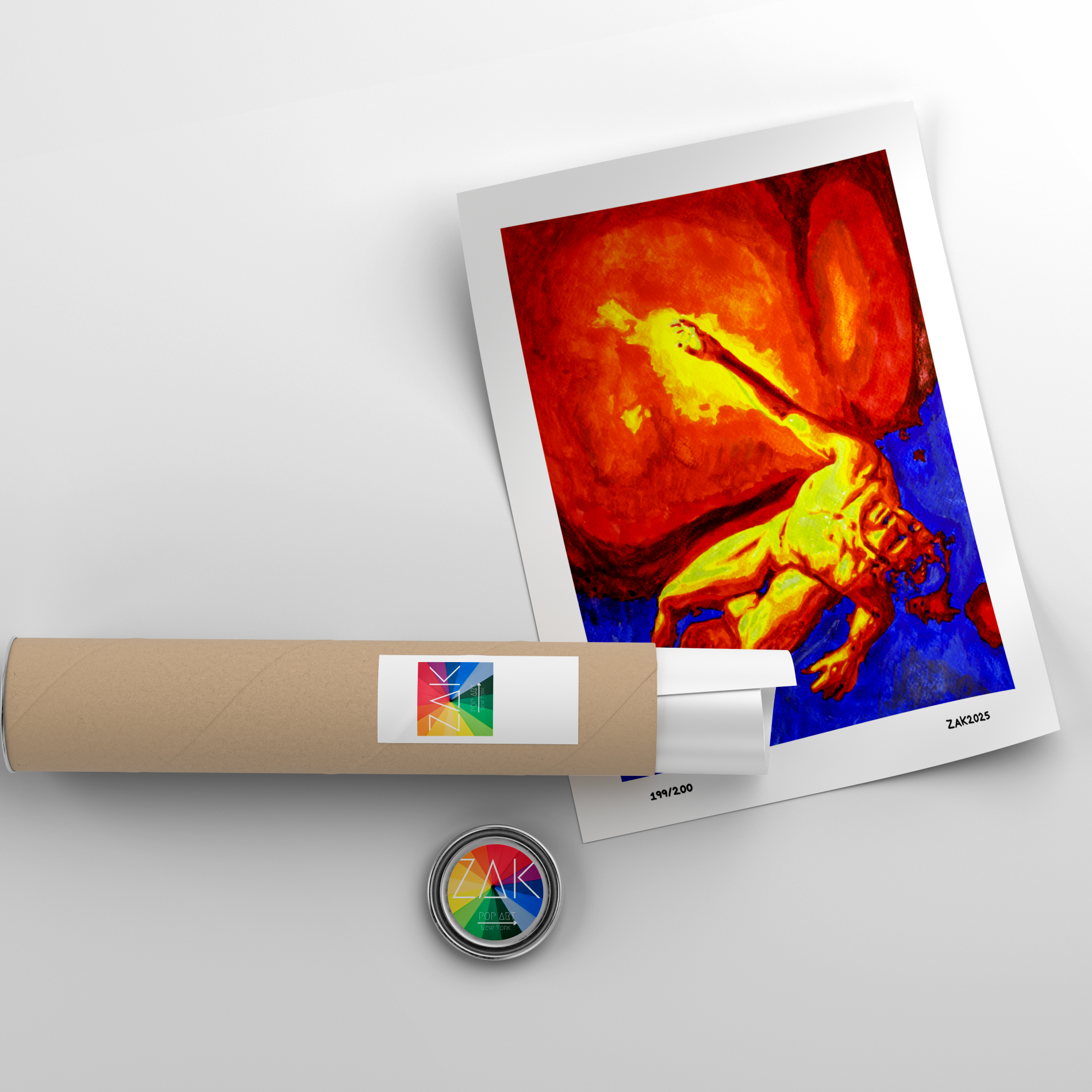 Colorful artwork of a lion on a white background with a roll of paper and a small round object.