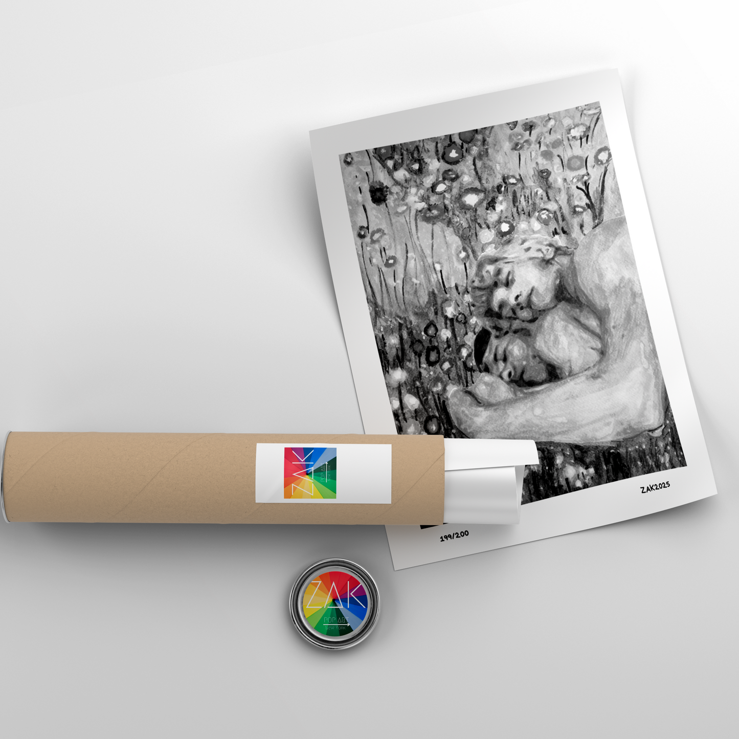 Roll of paper with a photo and a small round object on a light gray background