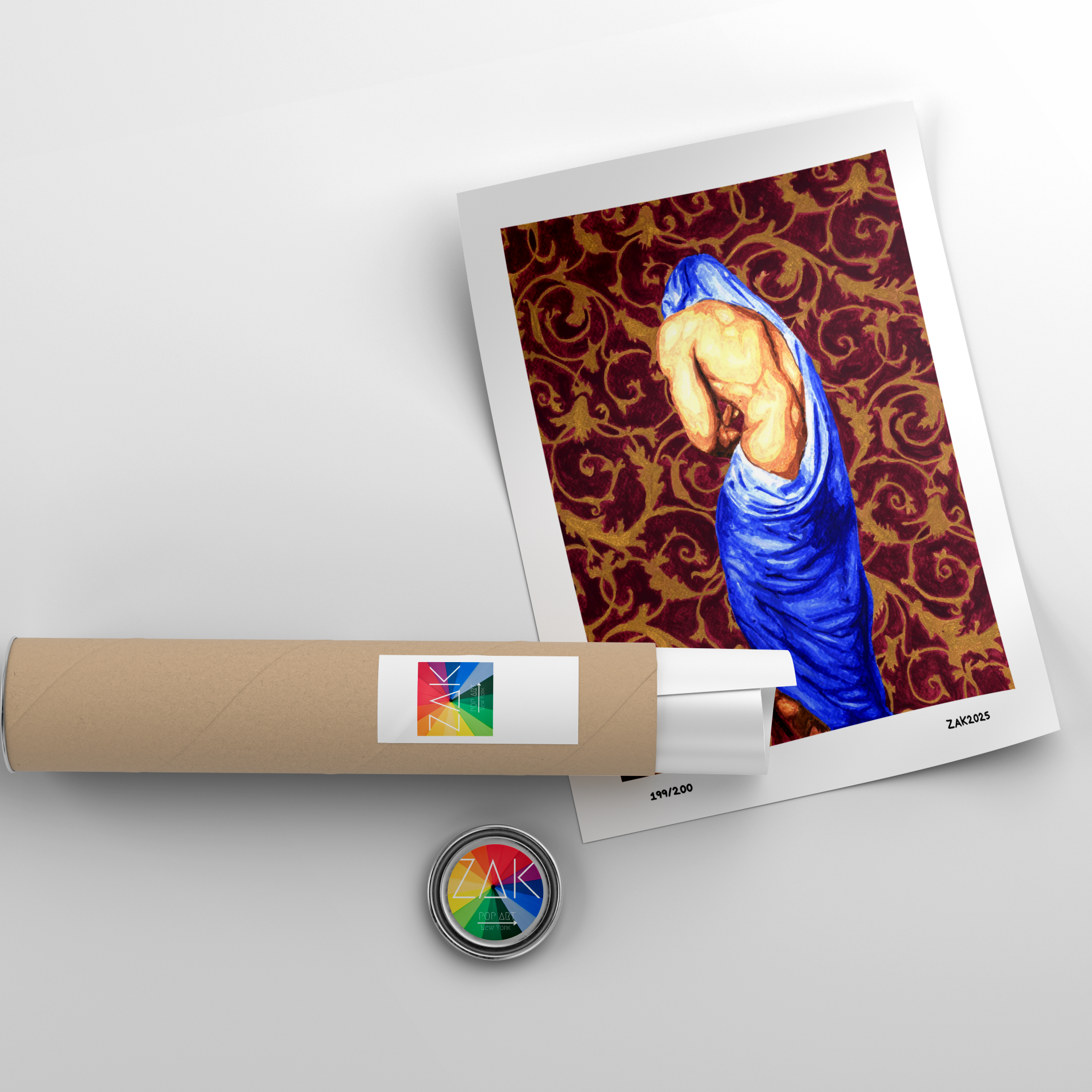 Artistic depiction of a hand holding a scroll with a patterned background on a light gray surface.