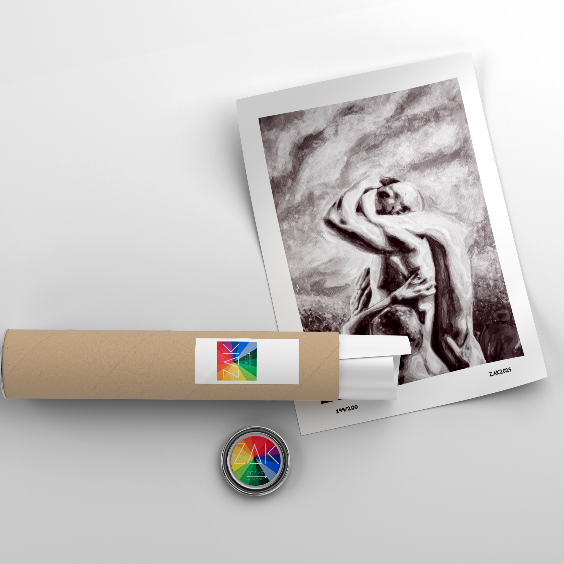 Artistic depiction of a statue with a roll of paper and a button on a light gray background