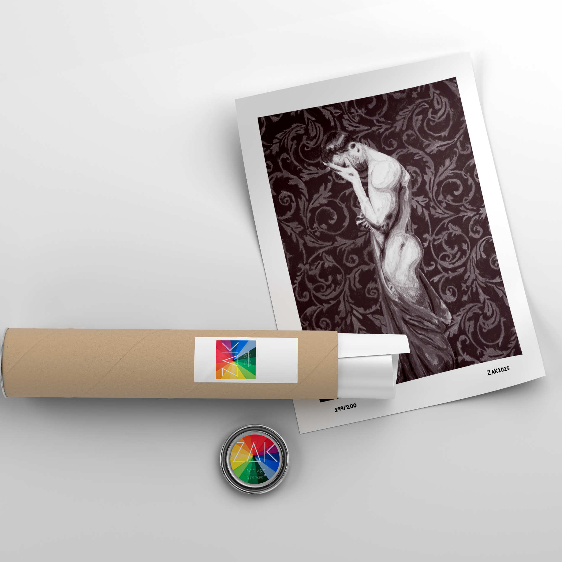 Artistic print of a nude figure on a decorative background with a cylindrical product and colorful label.