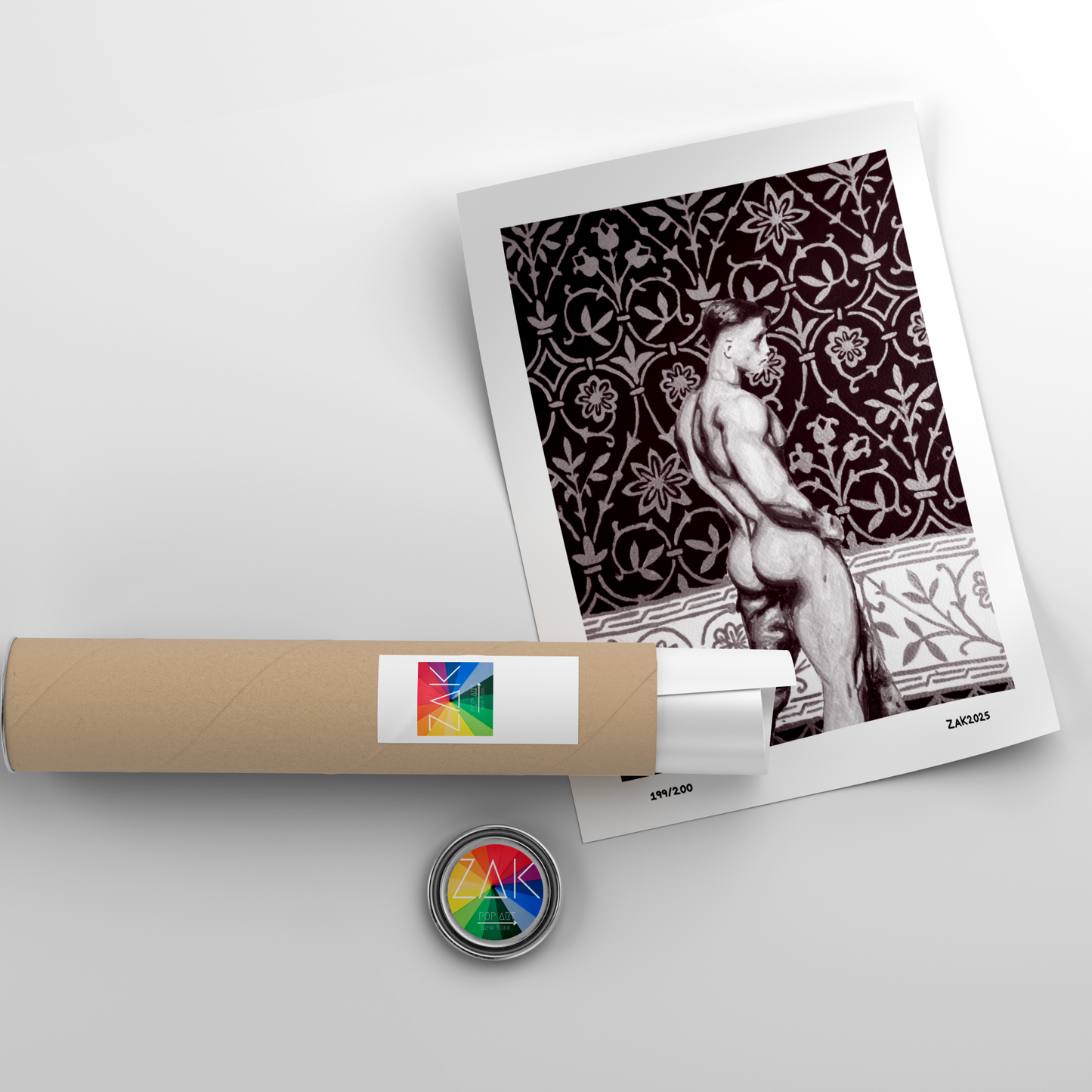 Artistic print of a nude figure on patterned fabric with a tube and logo on a light gray background