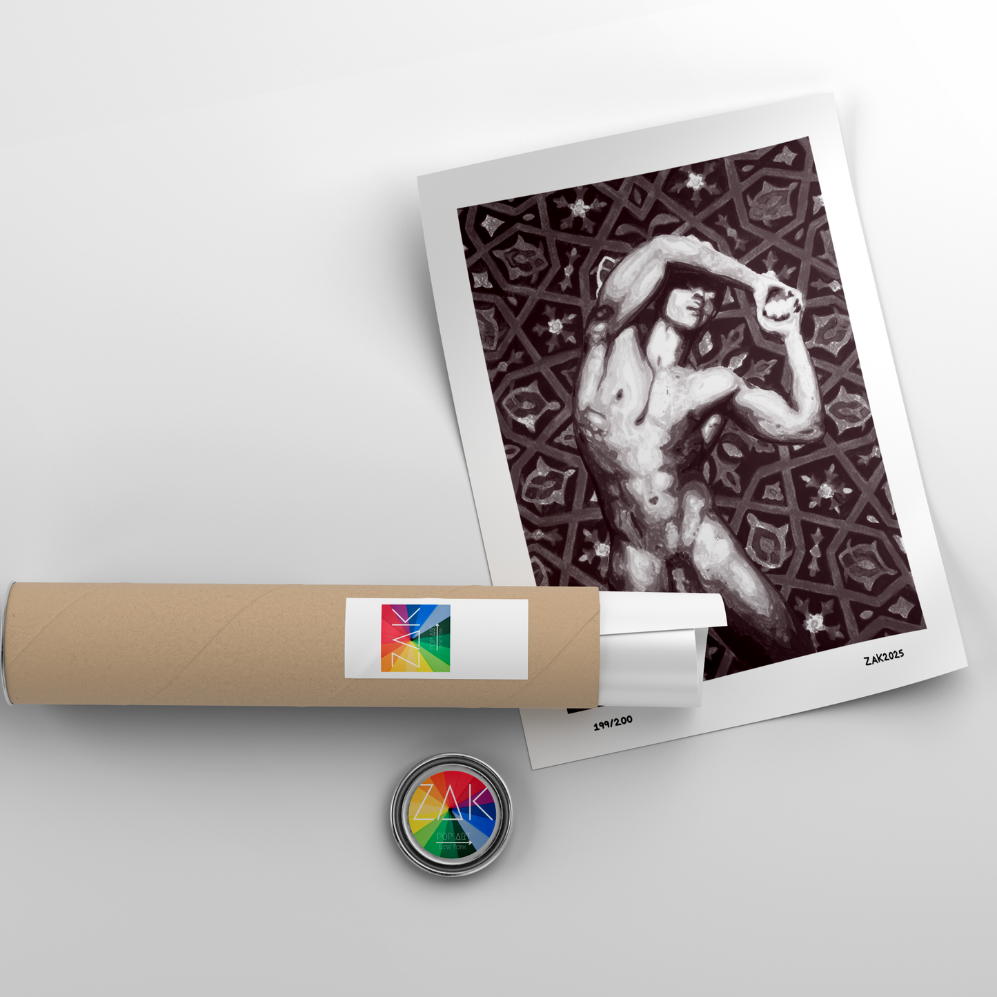 Artistic print of a nude figure on patterned paper with a cylindrical product and colorful label in the foreground.