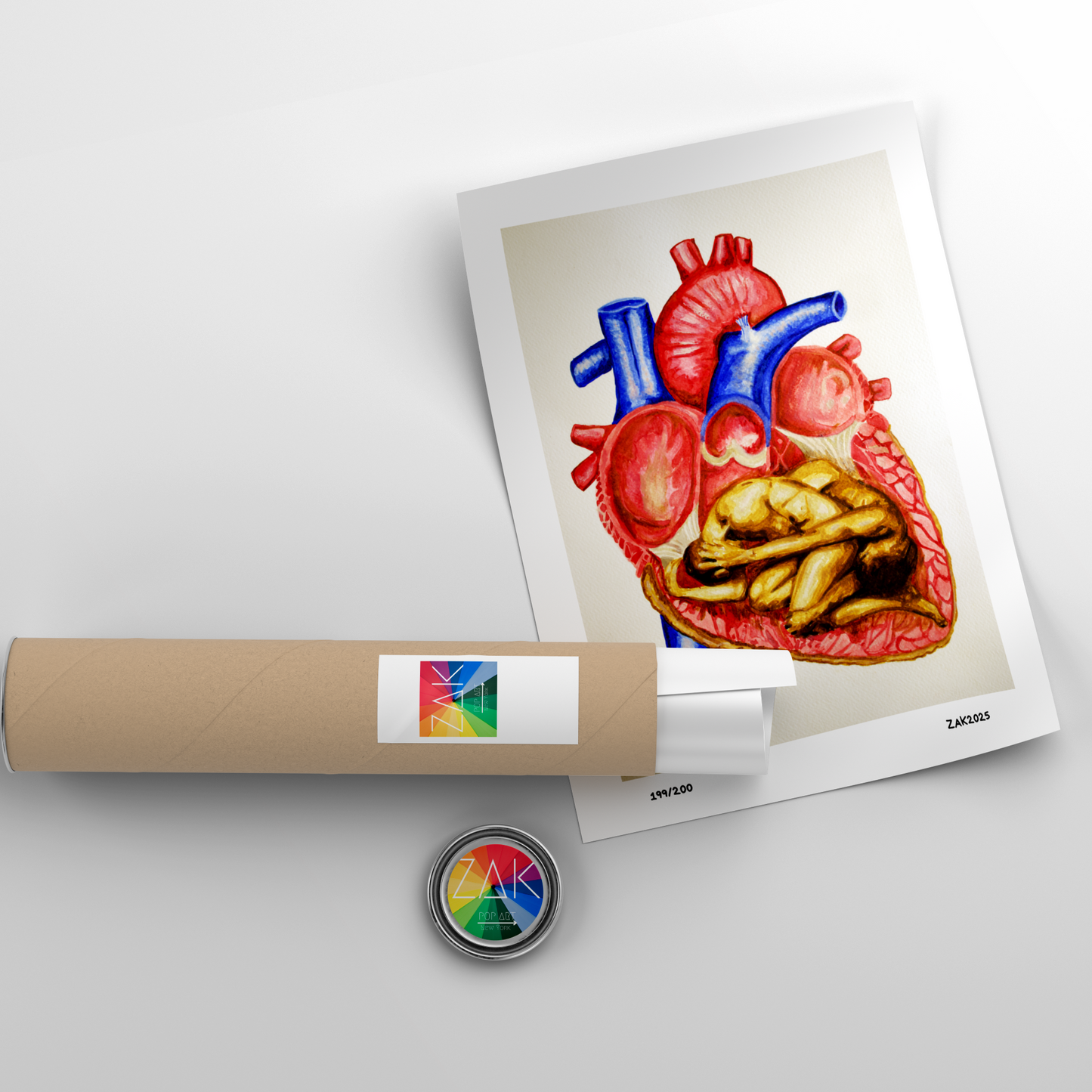 Artistic depiction of a heart on a poster with a cylindrical object and a button in the foreground.