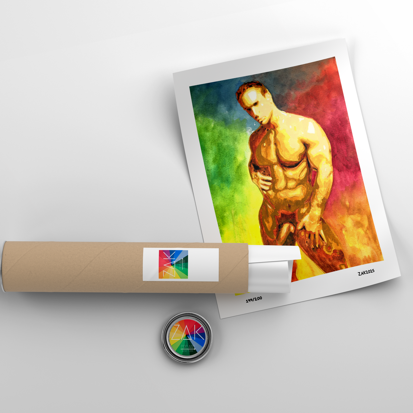 Artistic depiction of a muscular figure on a colorful background with a cylindrical object and logo in the foreground.