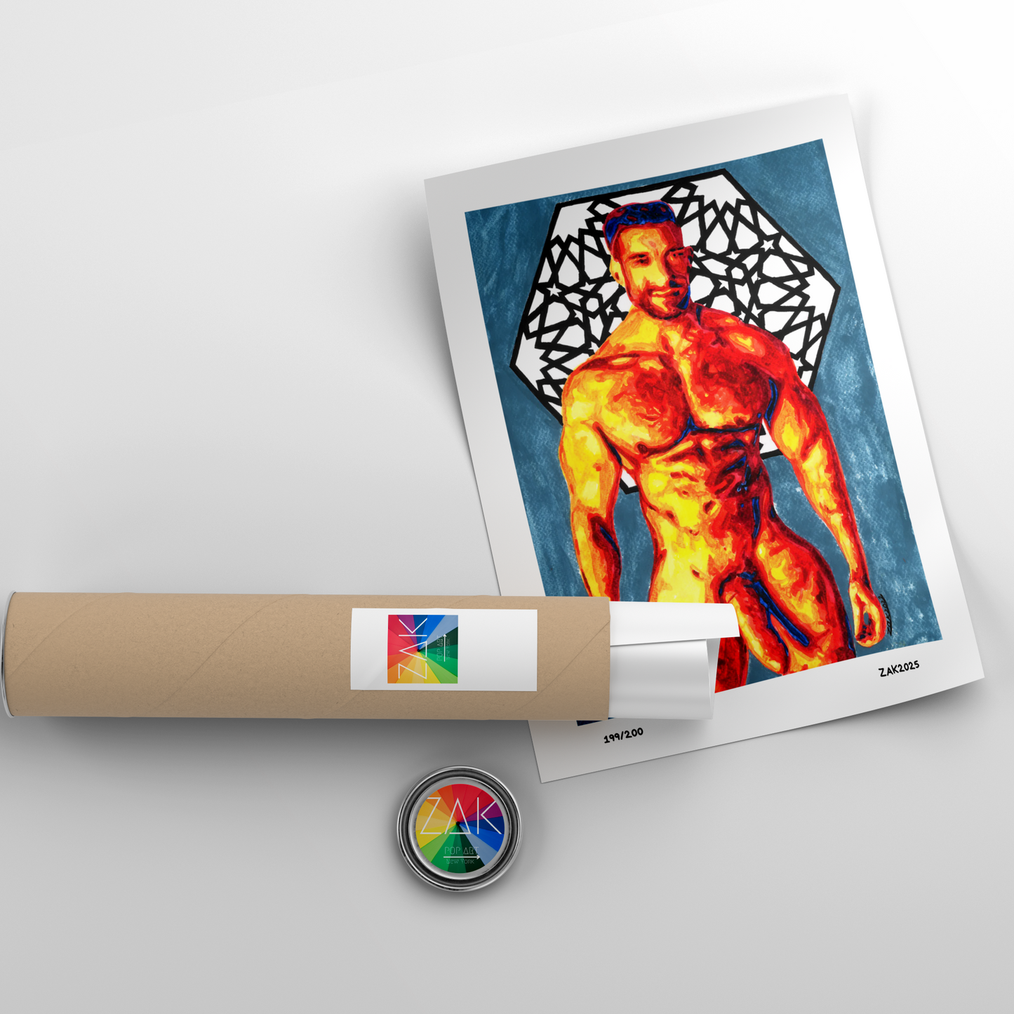 Artistic depiction of a muscular figure on a framed print with a roll of paper and a button in the foreground.