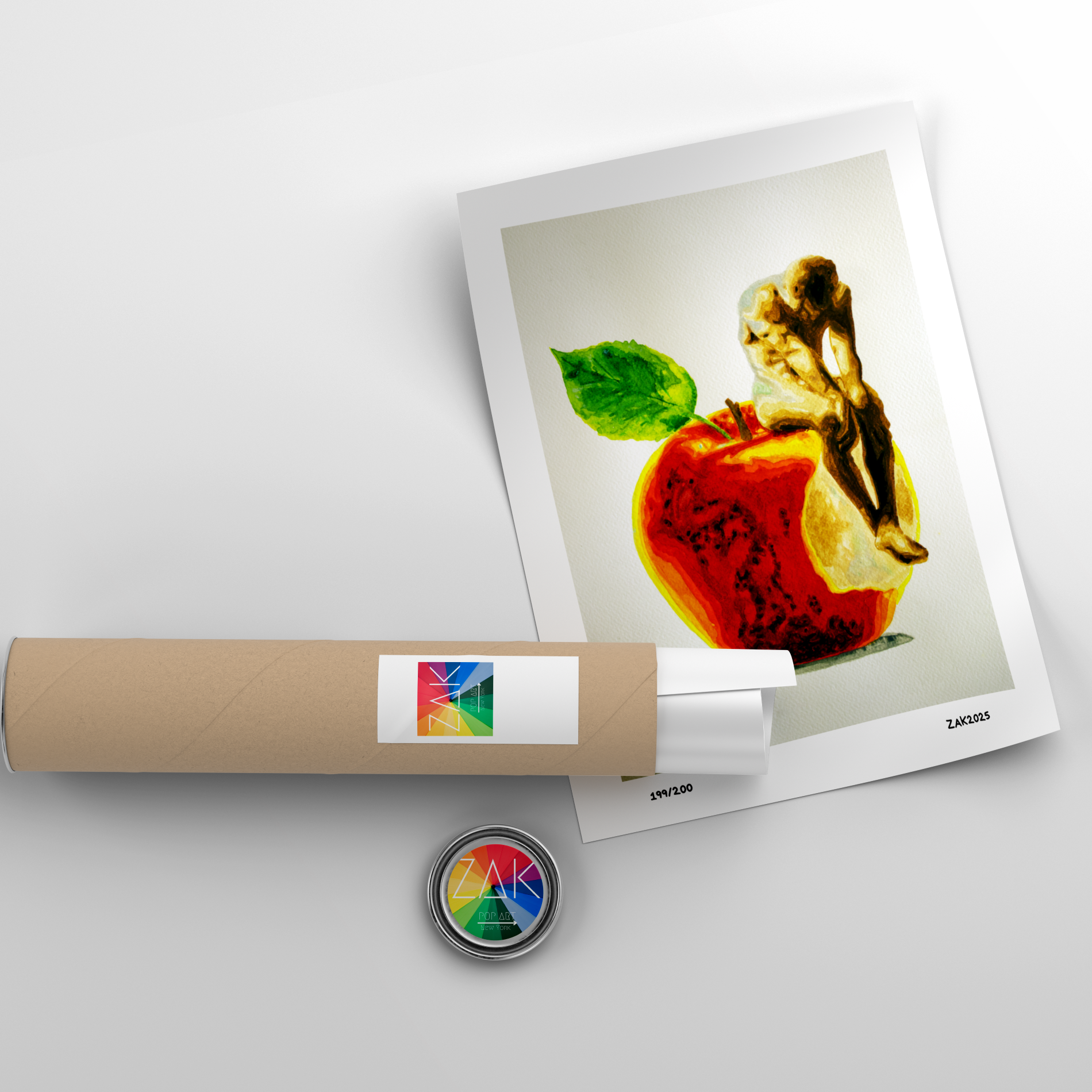 Artistic depiction of a figure on an apple with a roll of paper and a button in the foreground.