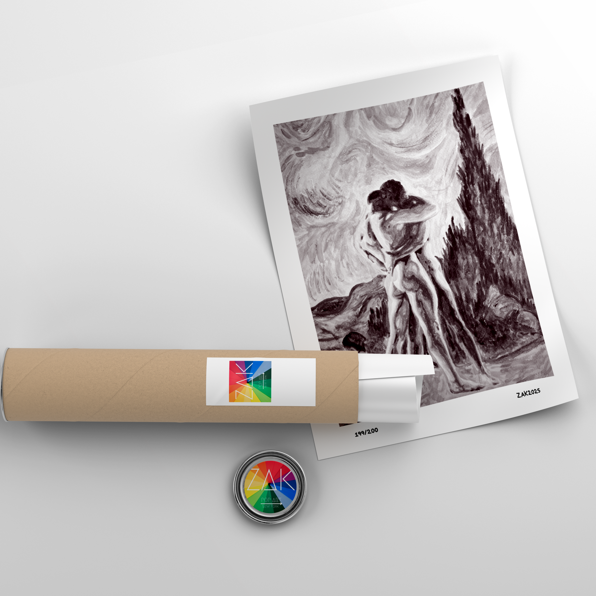 Artistic print of a couple embracing, wrapped in brown paper with a colorful label, on a light gray background.