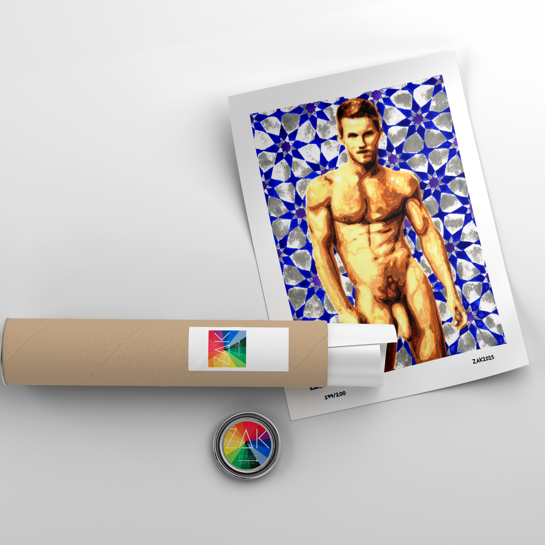 Artistic depiction of a shirtless man on a colorful patterned background with a roll of paper and a button in the foreground.
