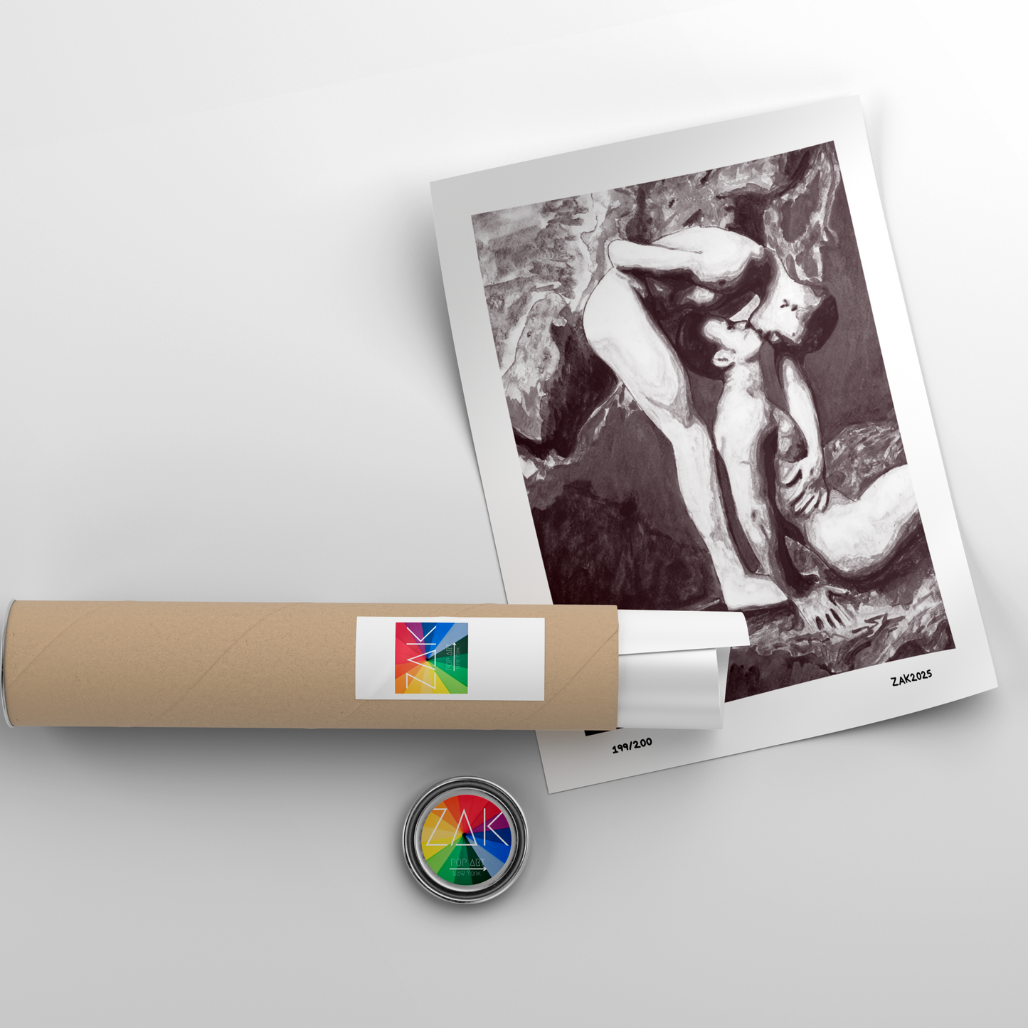 Roll of paper with a printed black and white image of a cat and a roll of tape on a light gray background