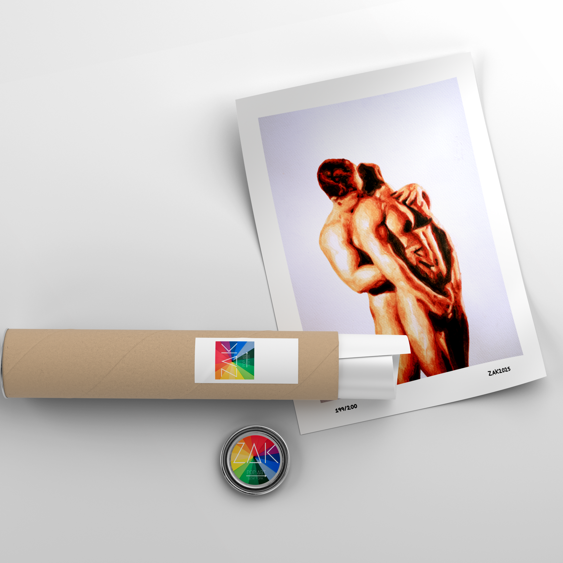 Roll of paper with a printed photo of two people embracing on a light gray background
