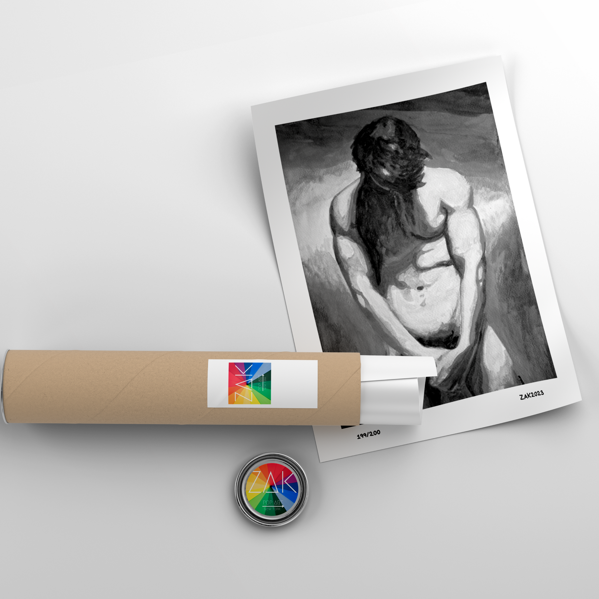 Artistic depiction of a nude figure on a white background with a cylindrical object and a logo.