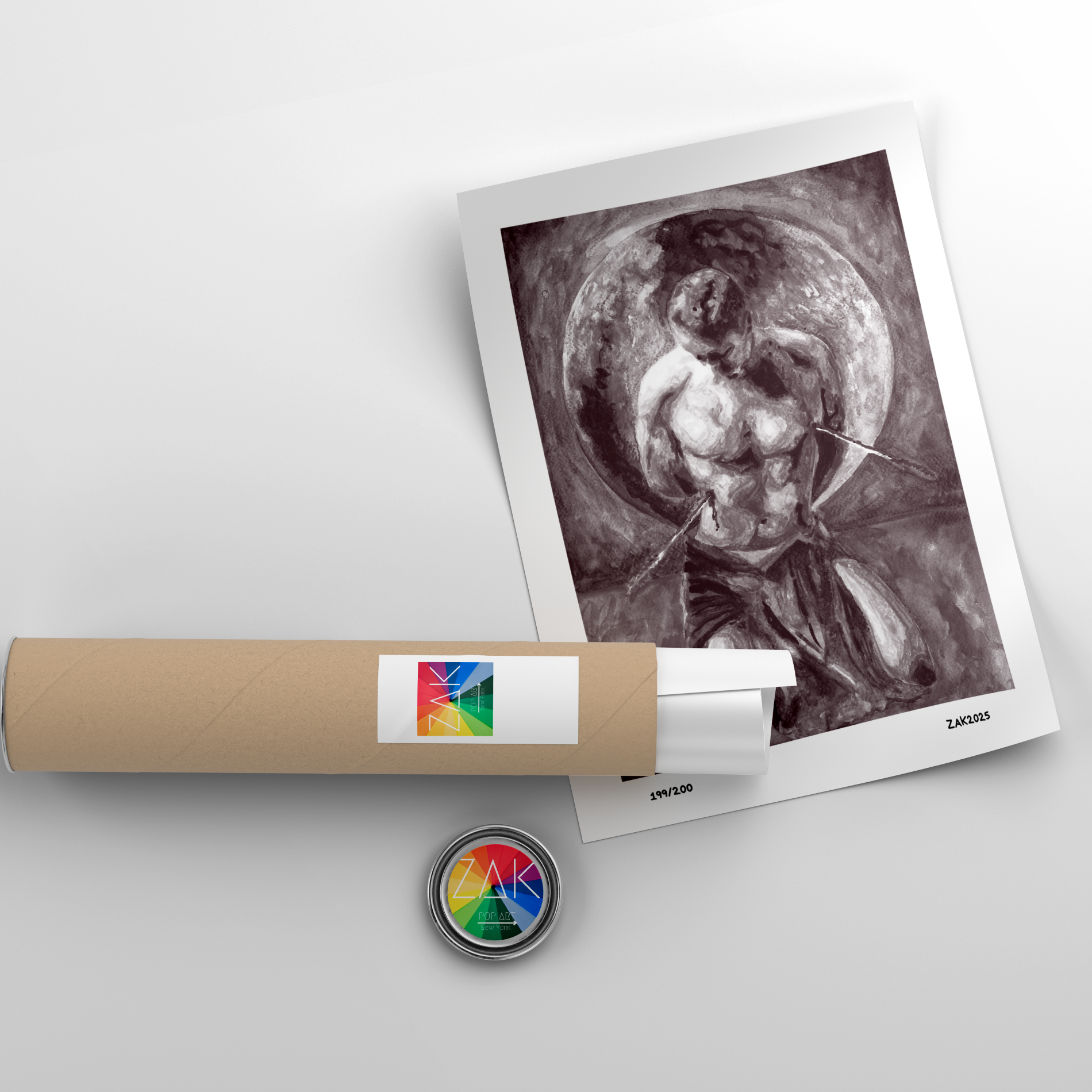 Artistic print of a classical painting on a white background with a cylindrical object and a round badge.