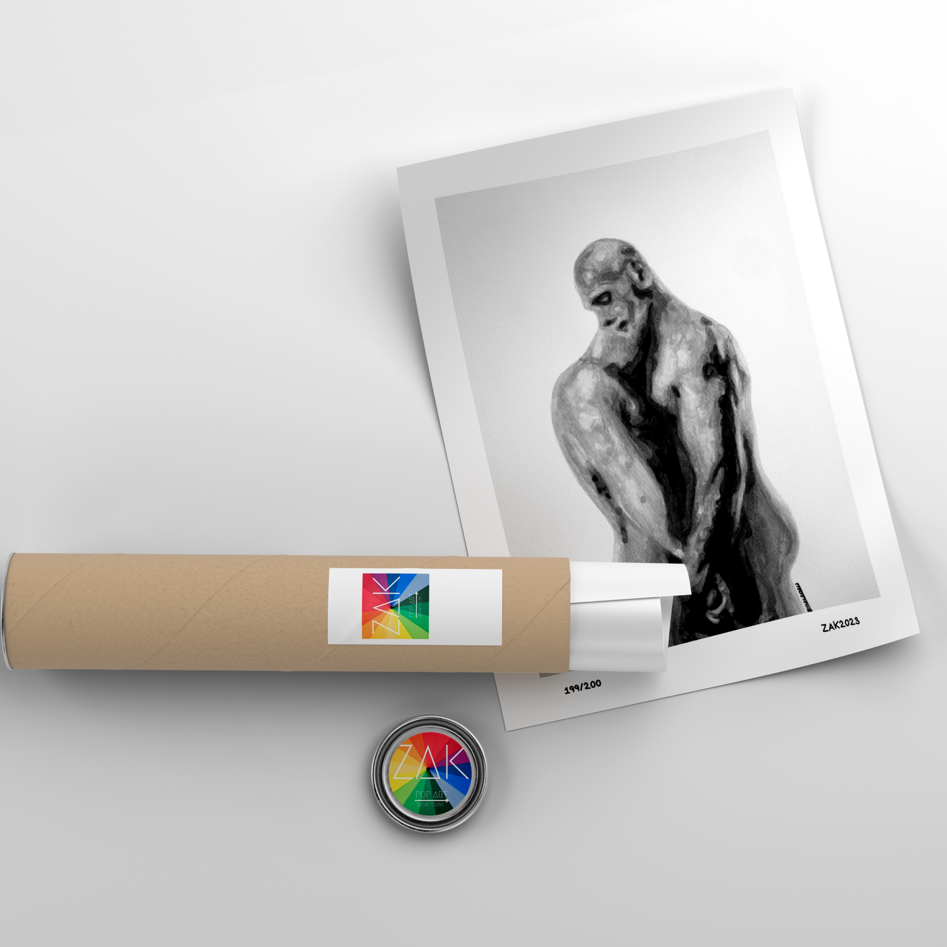 Artistic depiction of a muscular figure on a white background with a cylindrical object and colorful label.