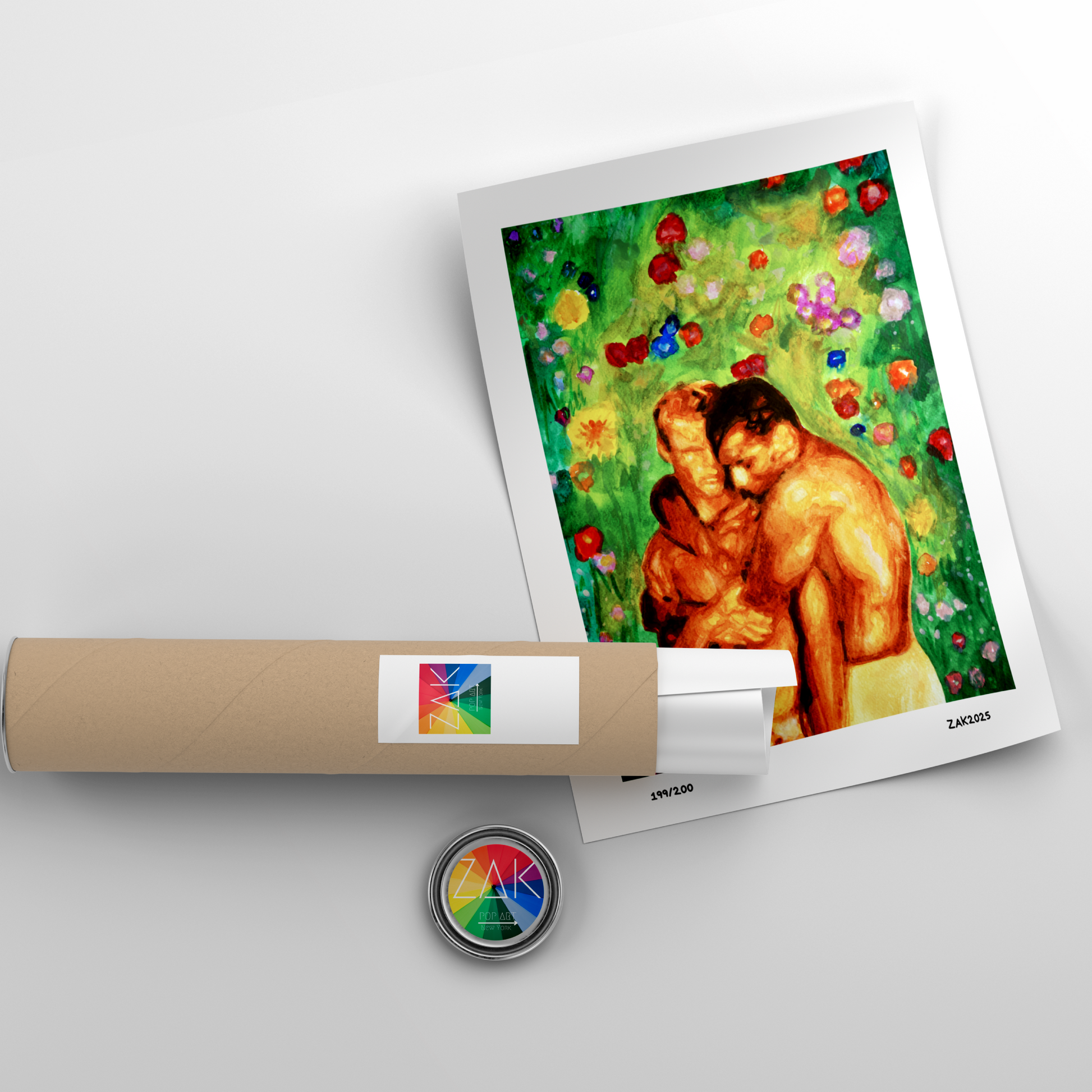 Romantic watercolor illustration of a gay couple embracing tenderly in front of a lush green garden with blooming flowers. LGBTQ+ pride and love celebrated in vibrant color.